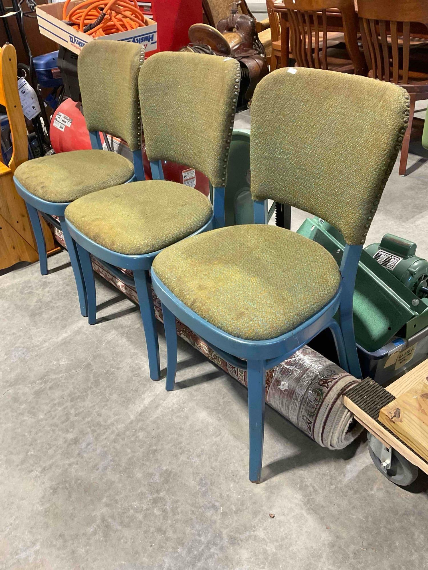 3 pcs Vintage Thonet Bentwood Blue Painted Wooden Chairs w/ Green Upholstery. See pics. - 2