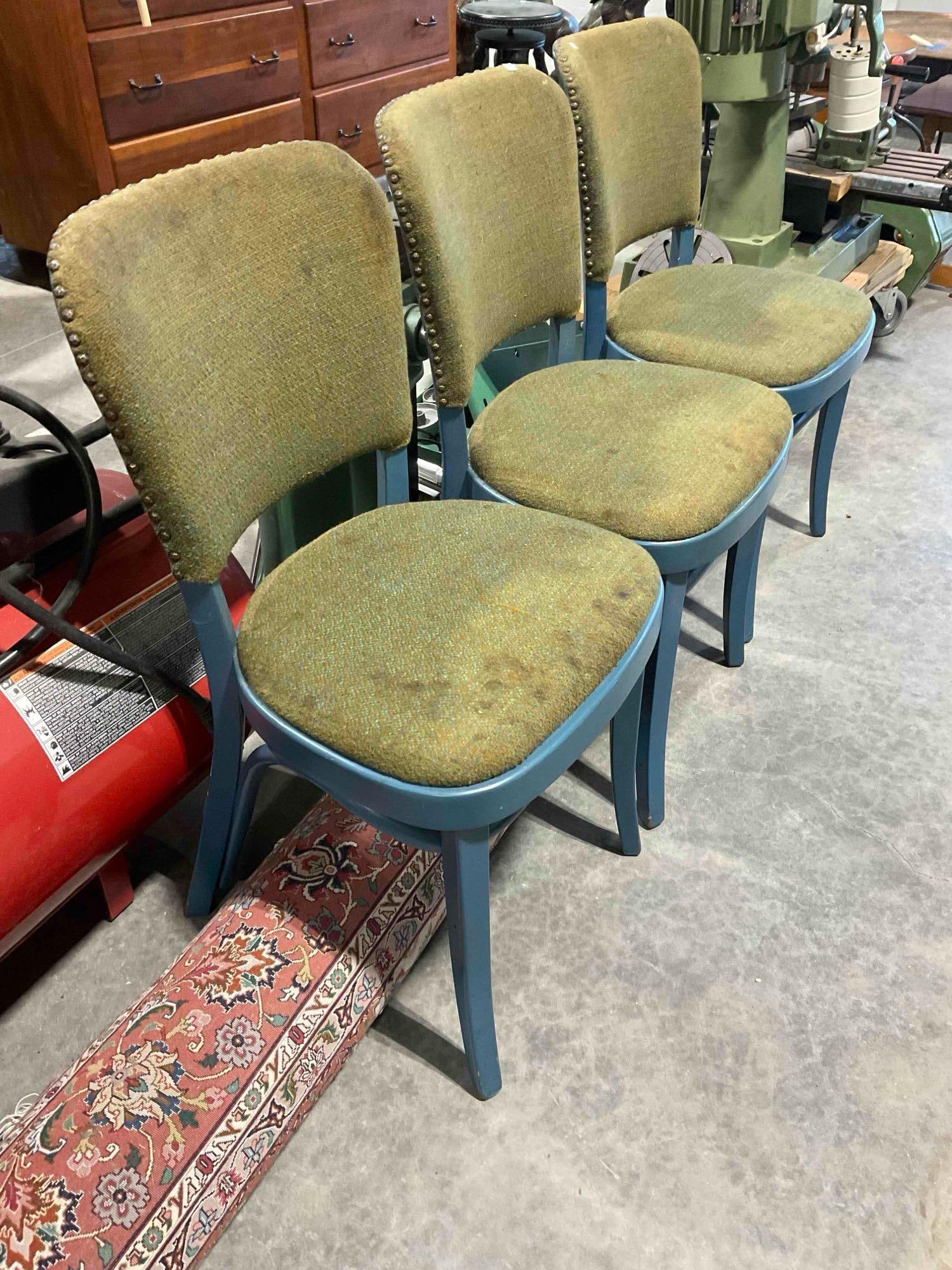 3 pcs Vintage Thonet Bentwood Blue Painted Wooden Chairs w/ Green Upholstery. See pics. - 3