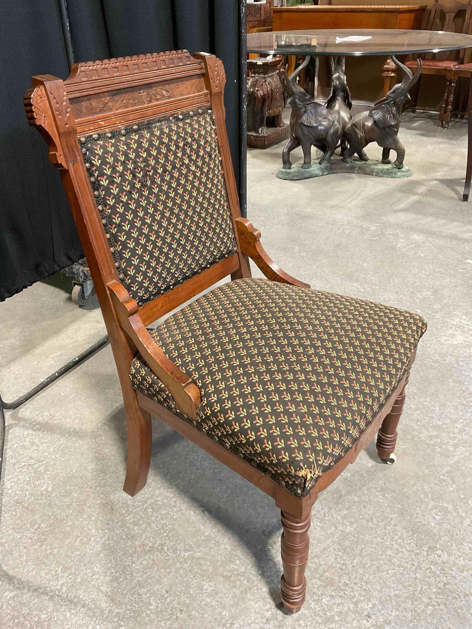 Beautiful Antique Eastlake Walnut? Chair w/ Black Floral Upholstery & Burl Wood Panels. See pics. - 3