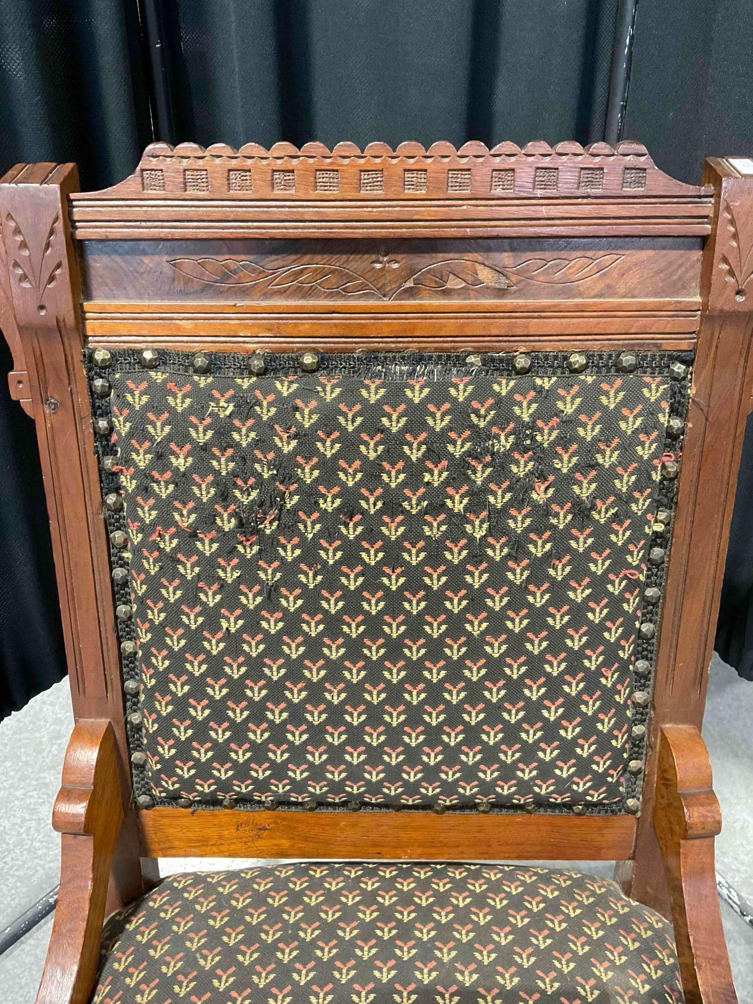 Beautiful Antique Eastlake Walnut? Chair w/ Black Floral Upholstery & Burl Wood Panels. See pics. - 4