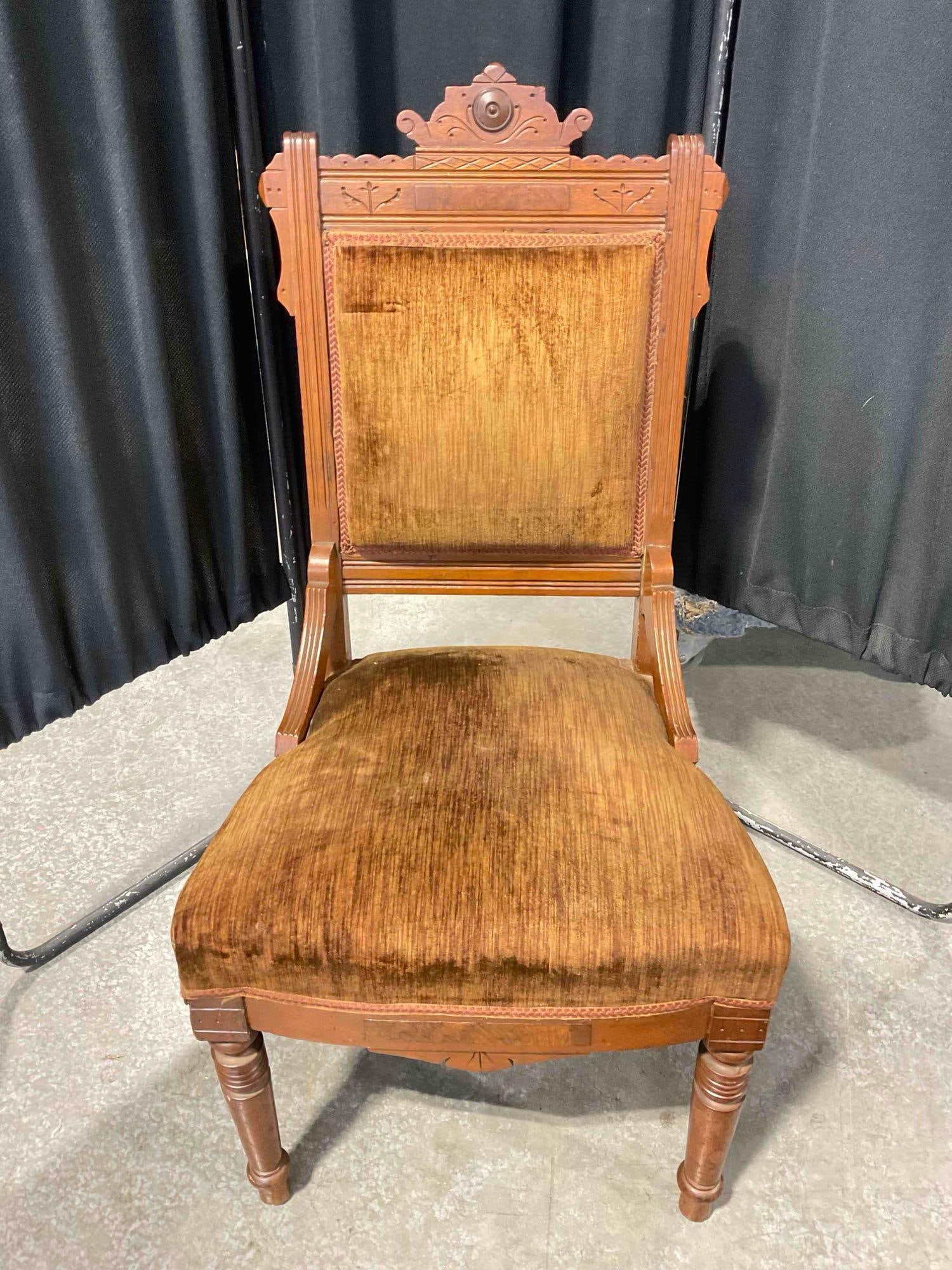 Lovely Antique Eastlake Walnut Side Chair w/ Brown Velvet Upholstery & Spoon Carvings. See pics. (1 of 9)