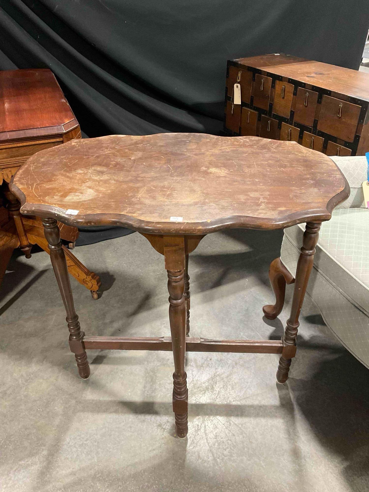 Antique Walnut? Wooden Side Table w/ Scalloped Top & Fluted Legs. Good Condition. See pics. (1 of 6)