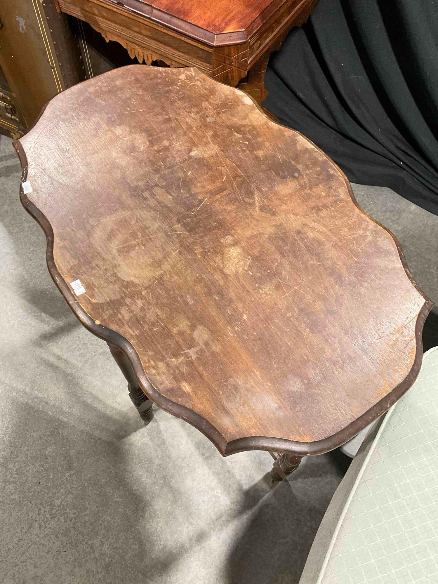 Antique Walnut? Wooden Side Table w/ Scalloped Top & Fluted Legs. Good Condition. See pics. - 2