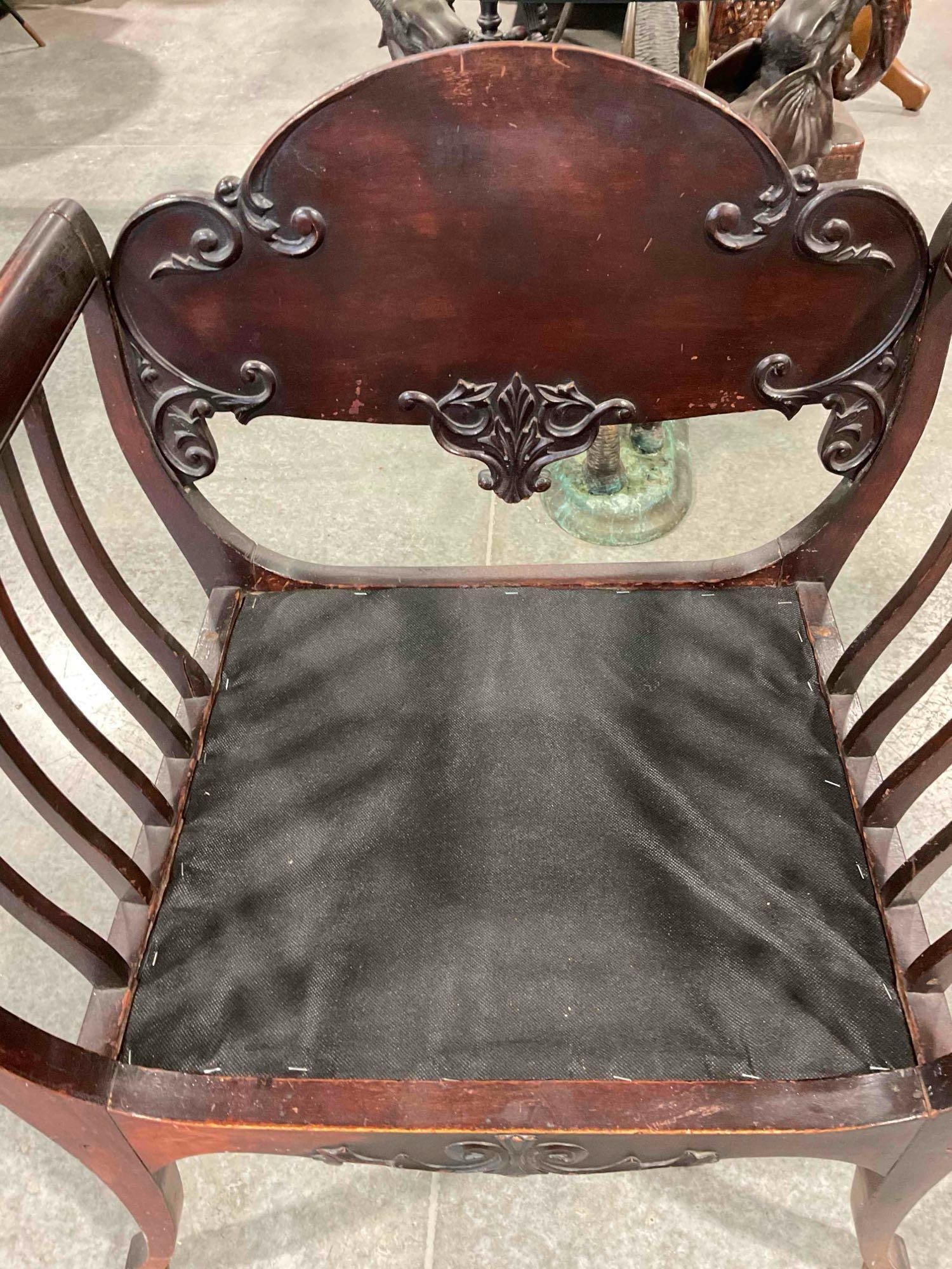 Antique Saddle Style Mahogany? Wood Armchair w/ Modern Cushion. Very Good Condition. - 4