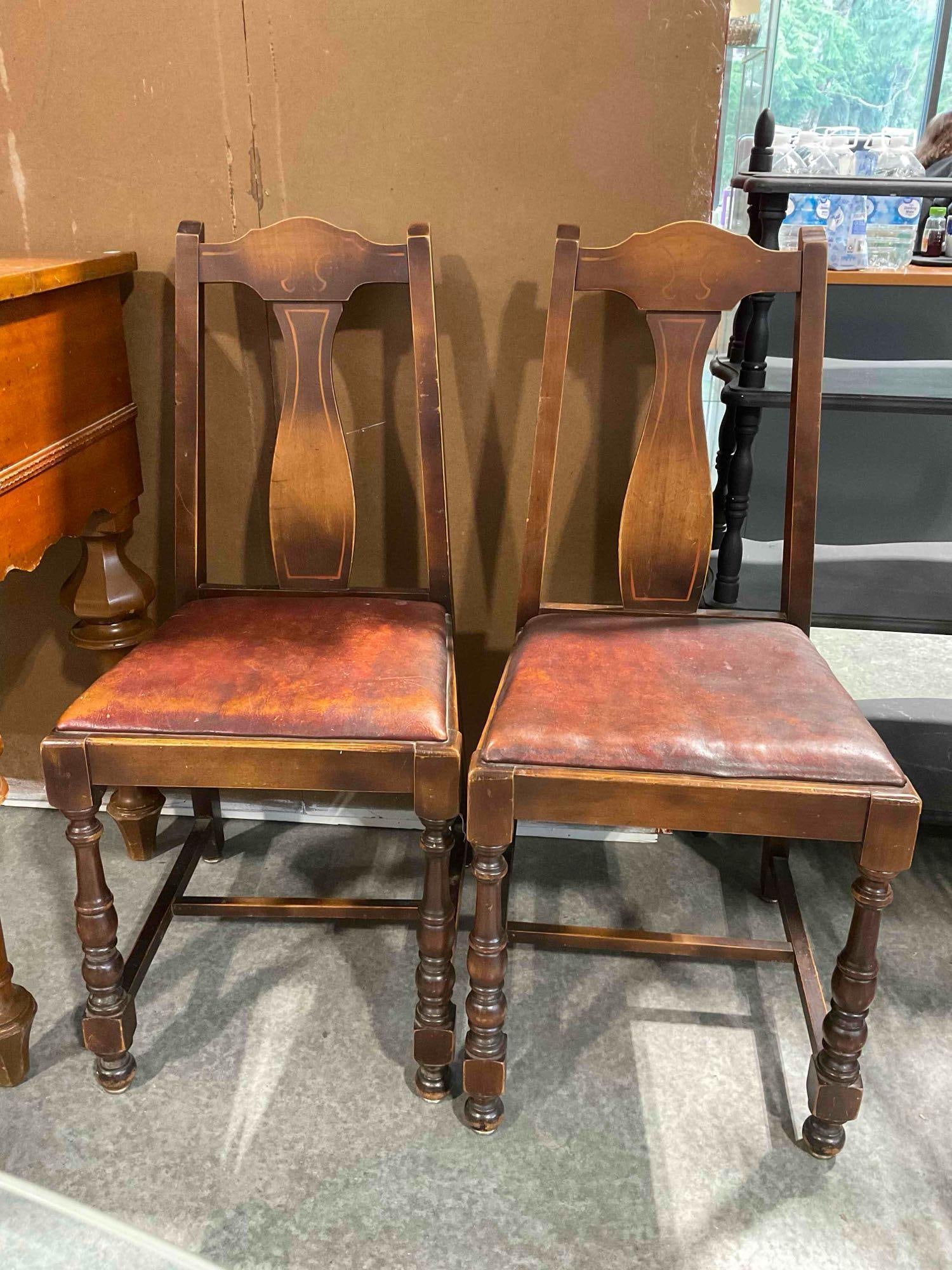 Pair of Antique Queen Anne? Style Walnut Wooden Chairs w/ Leather Upholstery. See pics. (1 of 6)