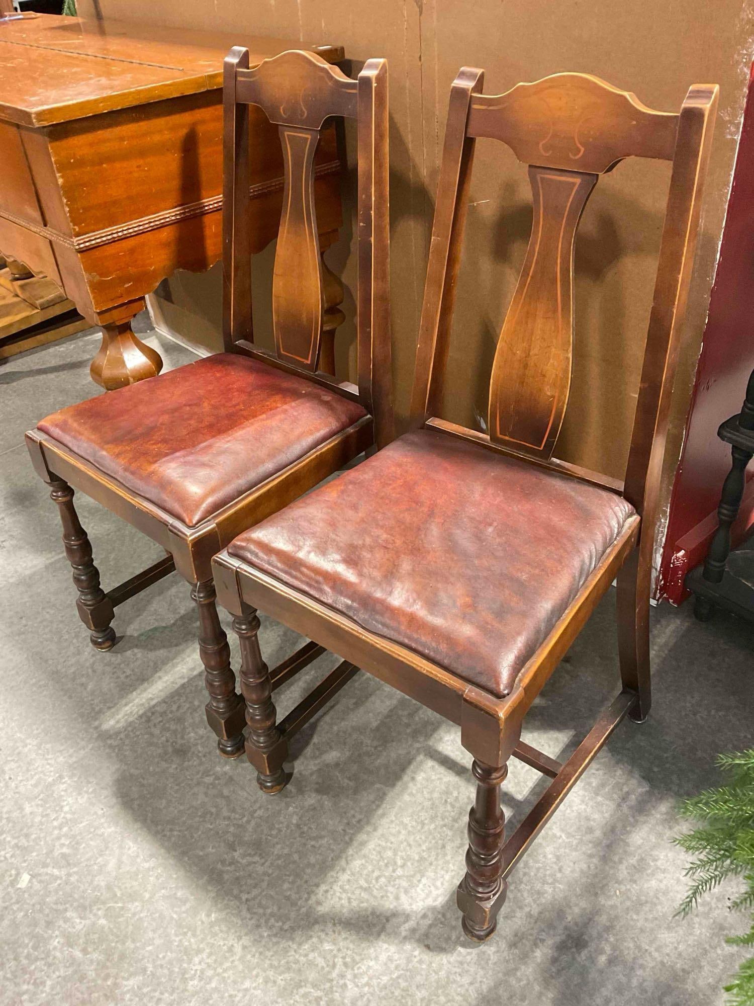 Pair of Antique Queen Anne? Style Walnut Wooden Chairs w/ Leather Upholstery. See pics. - 2