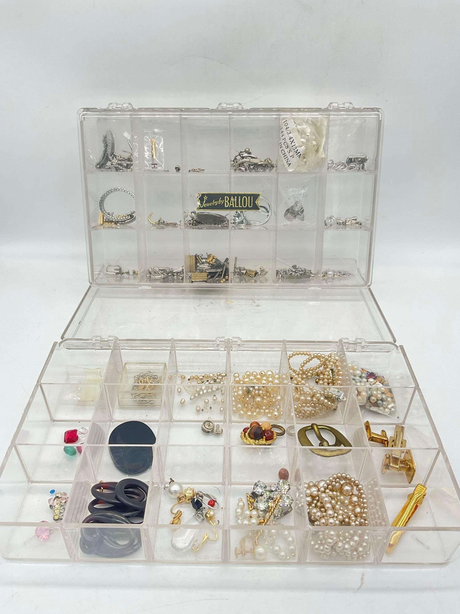 2x plastic storage cases with miscellaneous watch repair and jewelry making pieces see pics: C-1005 