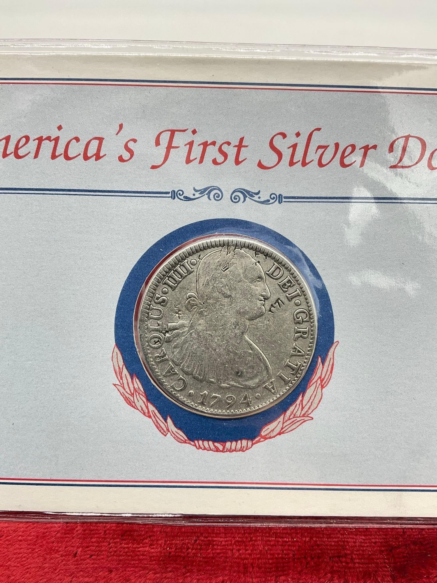Antique 1794 Spanish Colonial Mexico Silver 8 Reales w/ folder " America's First Silver Dollar" - 2