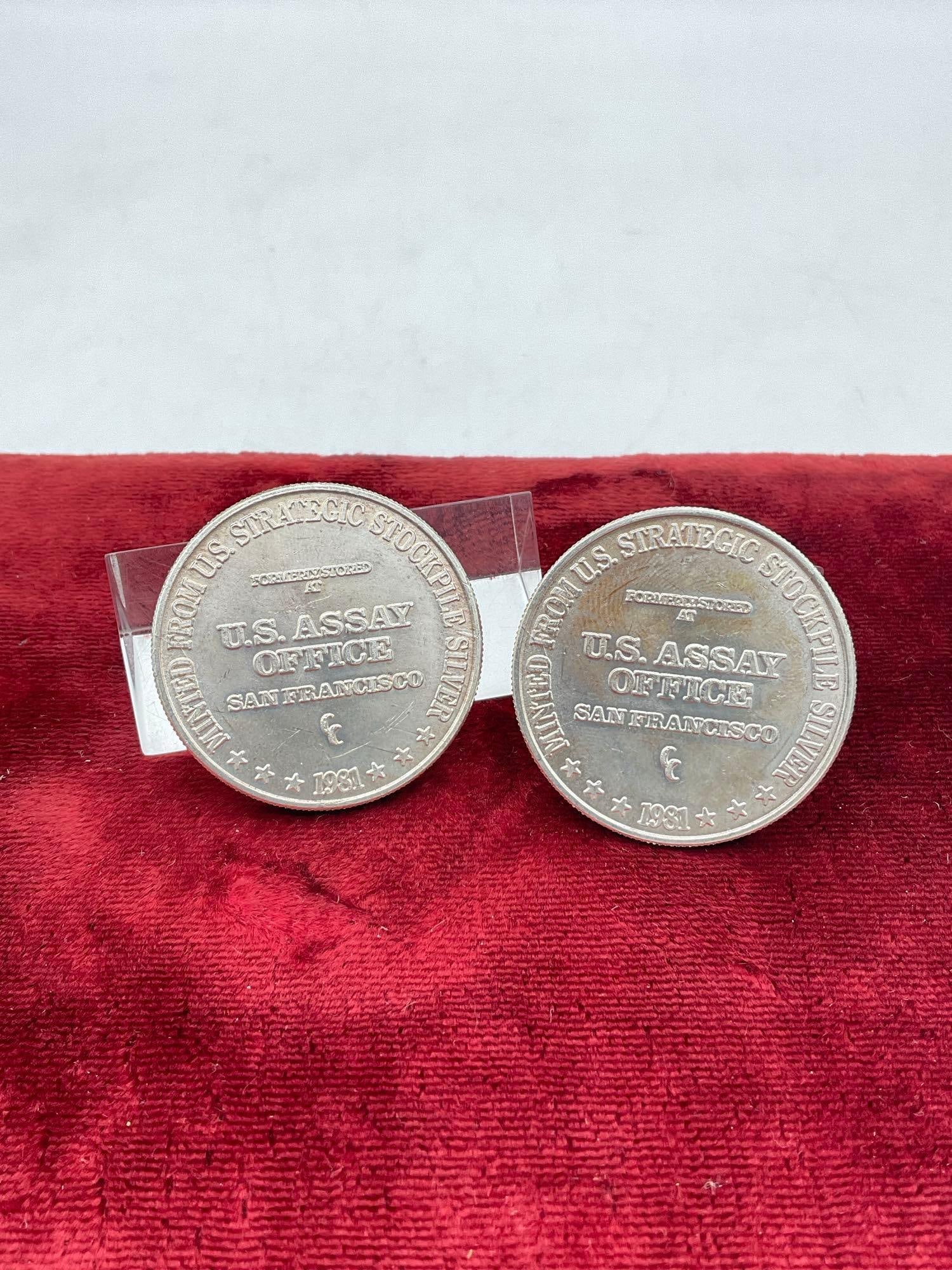 2x Vintage .999 Silver 1 oz Art rounds 1981 Silver trade unit US Assay Office San Francisco: c-5010 
