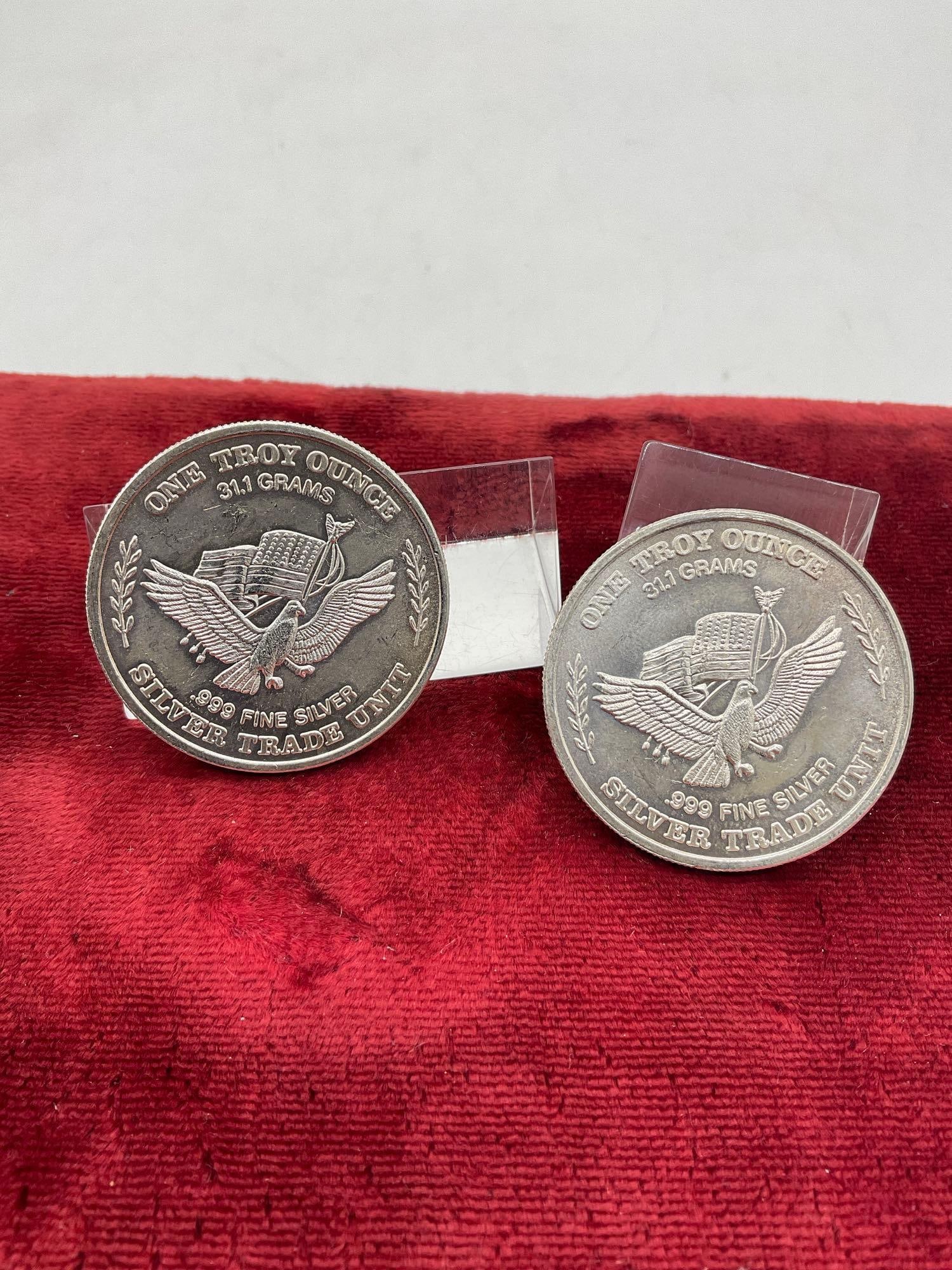 2x Vintage .999 Silver 1 oz Art rounds 1981 Silver trade unit US Assay Office San Francisco - 2