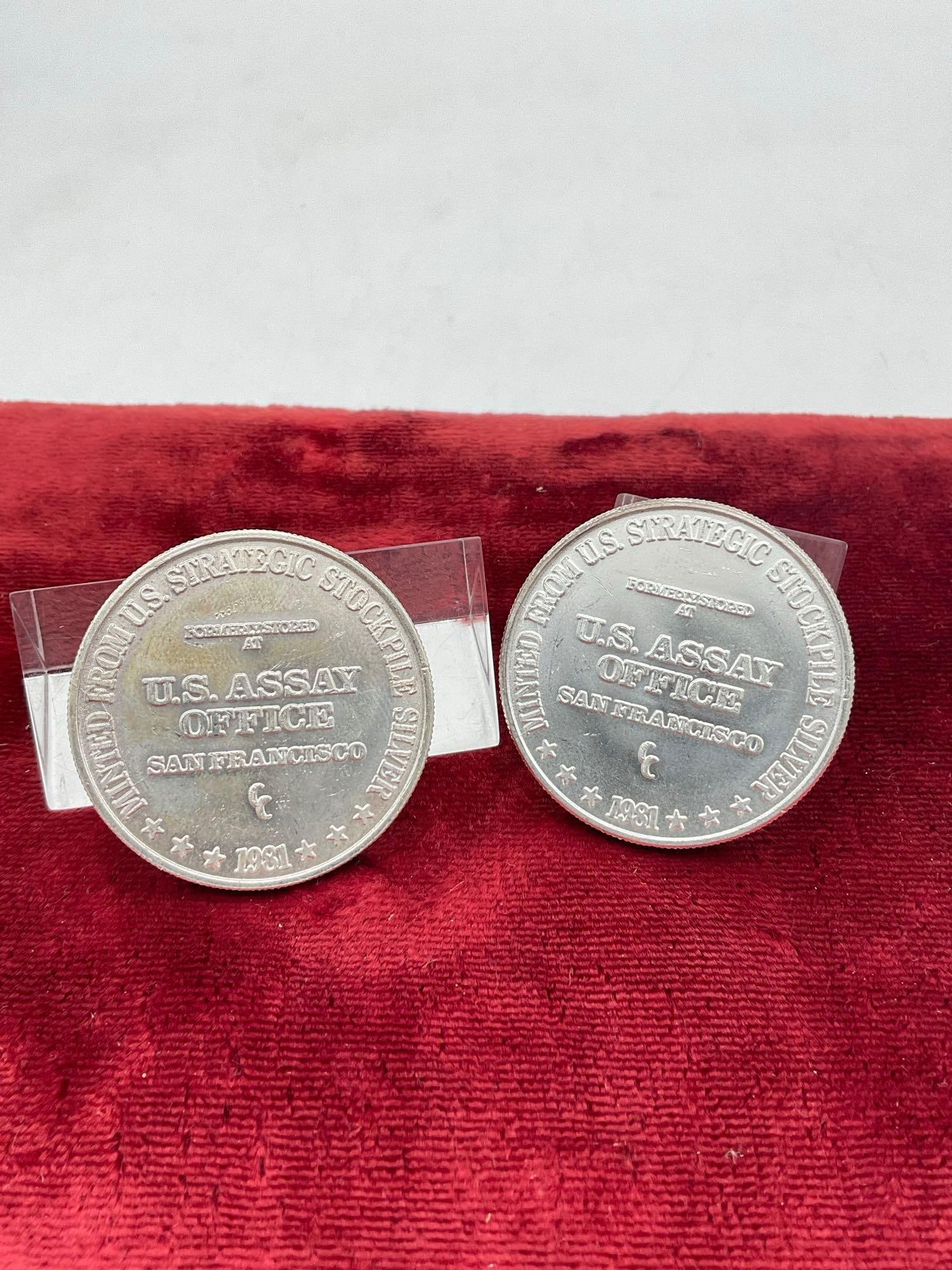 2x Vintage .999 Silver 1 oz Art rounds 1981 Silver trade unit US Assay Office San Francisco: c-5010 