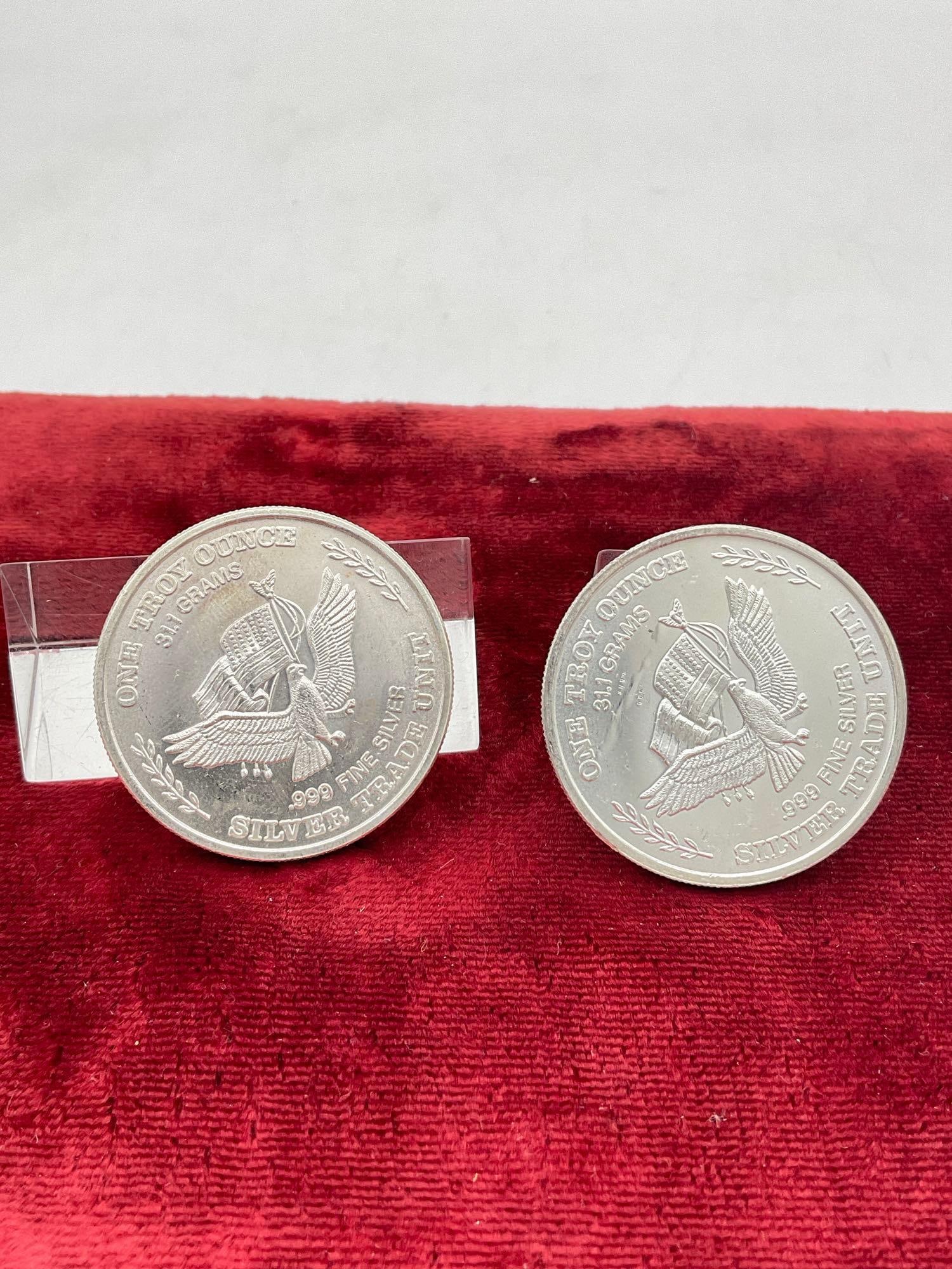 2x Vintage .999 Silver 1 oz Art rounds 1981 Silver trade unit US Assay Office San Francisco - 2