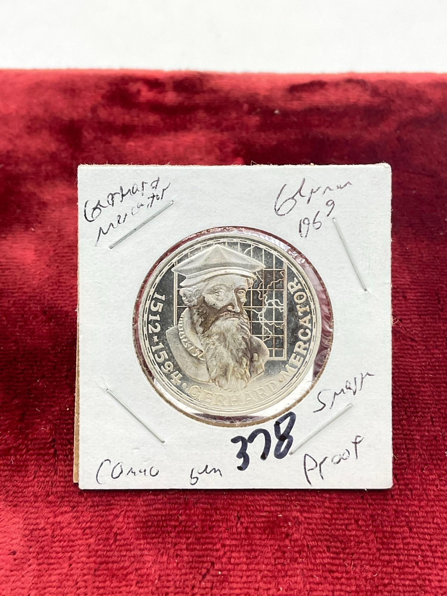 1969 Silver Proof German 5 Mark 375th Anniversary - Death of Gerhard Mercator (cartographer) Coin - 2