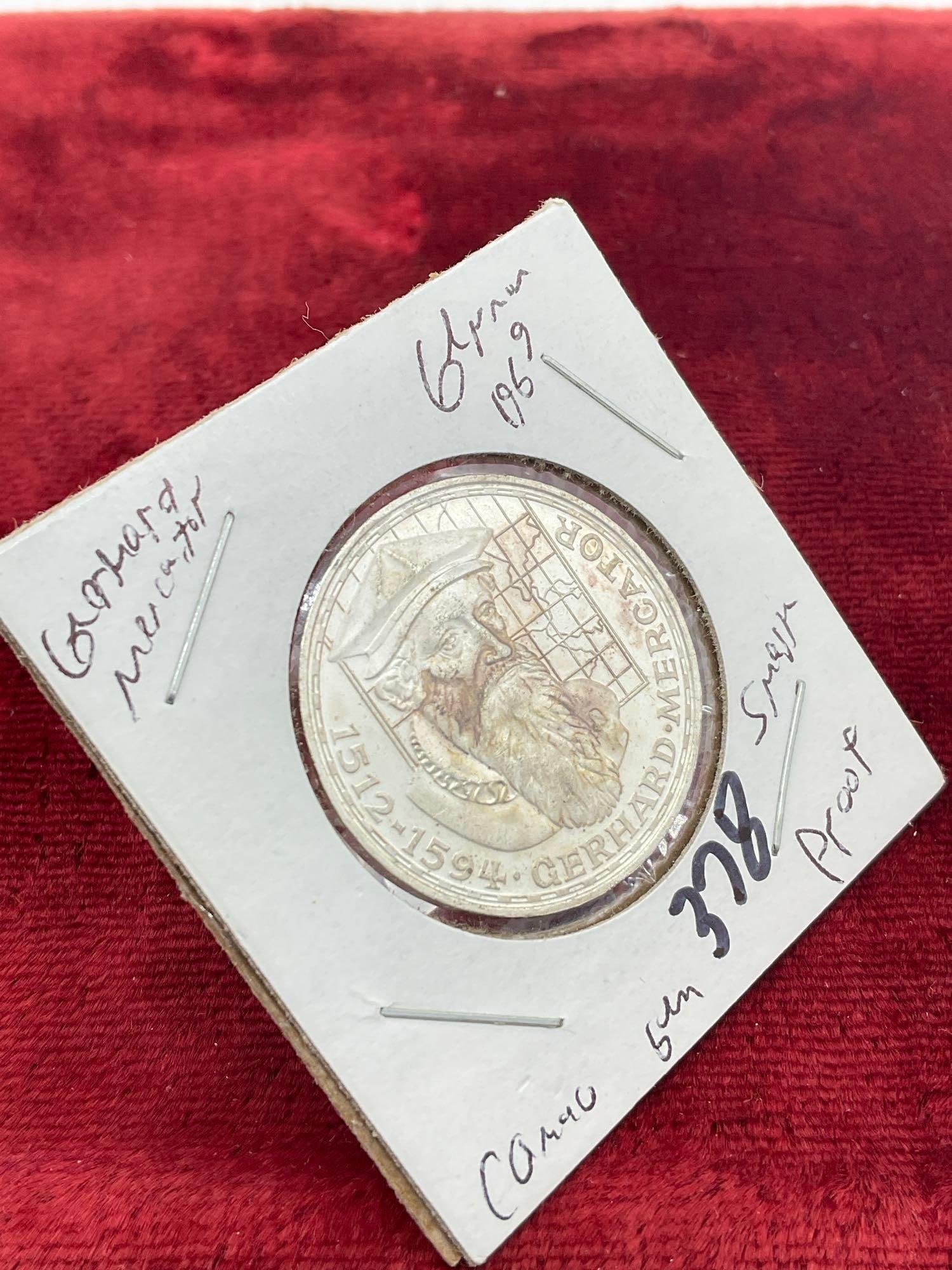 1969 Silver Proof German 5 Mark 375th Anniversary - Death of Gerhard Mercator (cartographer) Coin - 3