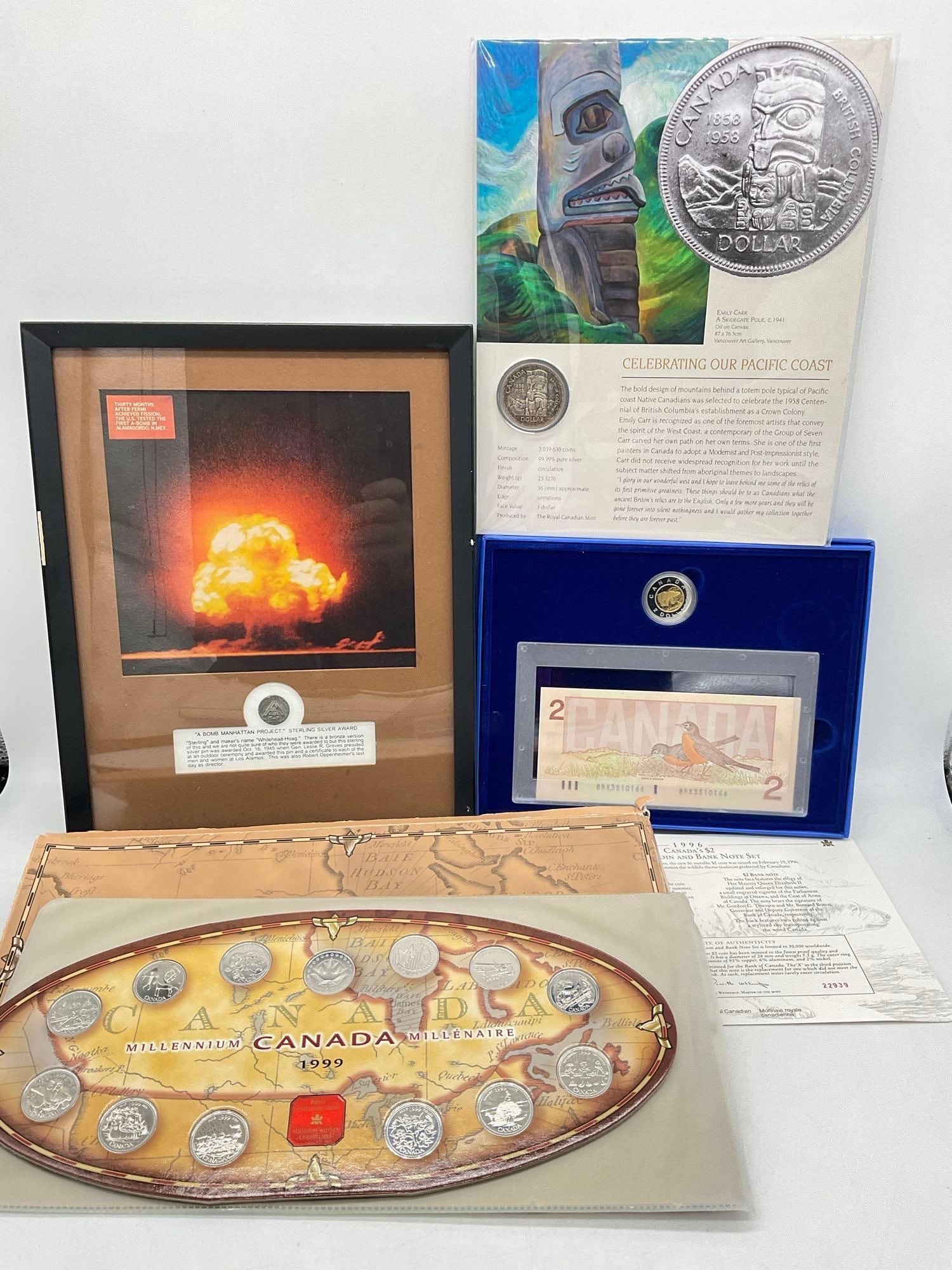 1999 Canadian Millennium 13 x quarter Set ,1996 $2 dollar Coin & Bill set w/ COA 1958 Silver Dollar (1 of 8)