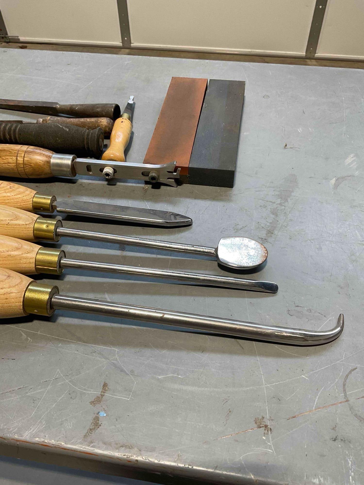 Collect of Lathe Tools inc Robert Sorby Woodturning Chisels, Hooks, and 2x Oil Stones - 5