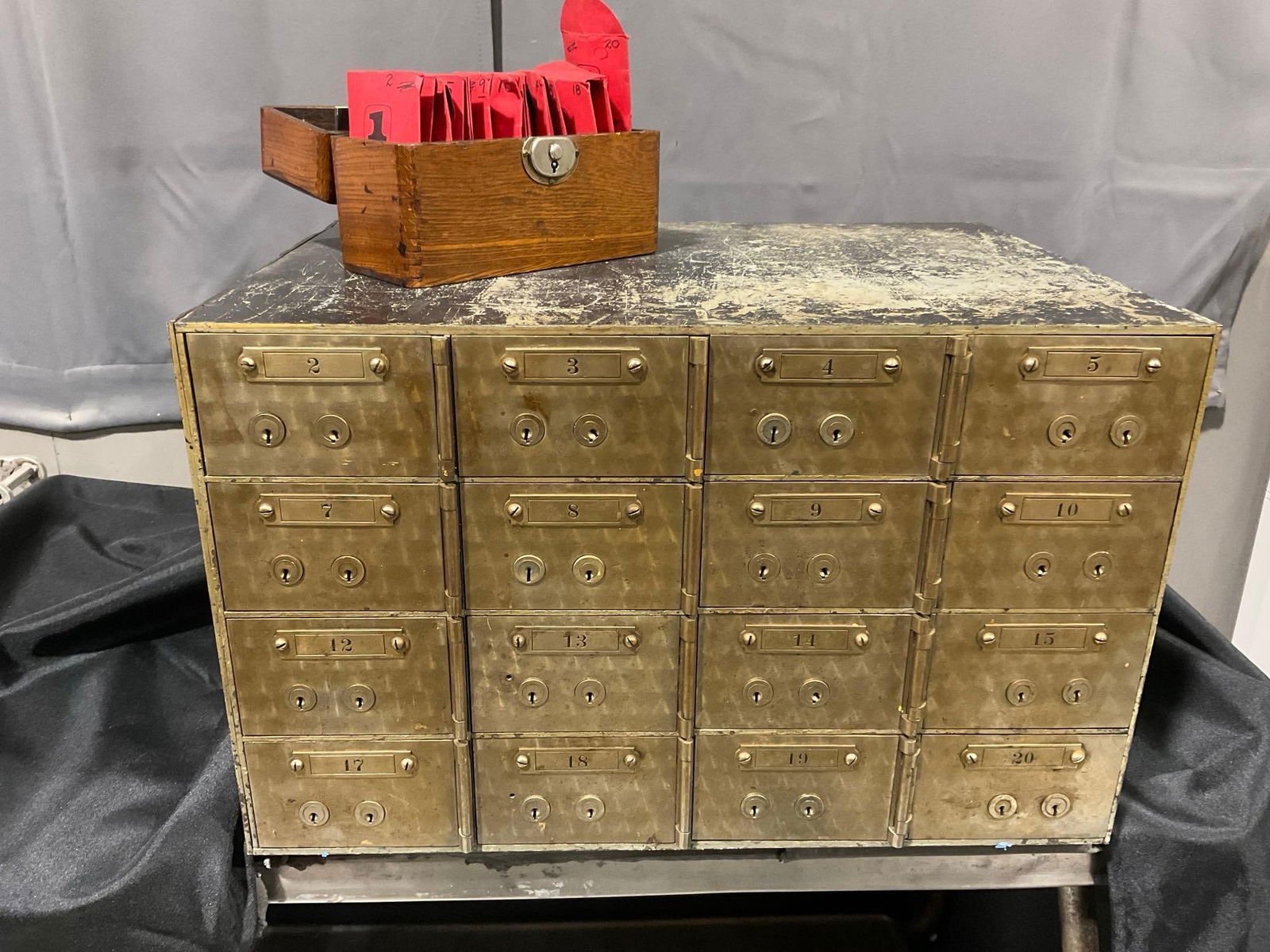 Large Antique 16 Drawer Bank Safety Deposit Box w/ Keys!, 14h x 22w x 15d inches *HEAVY* (1 of 10)