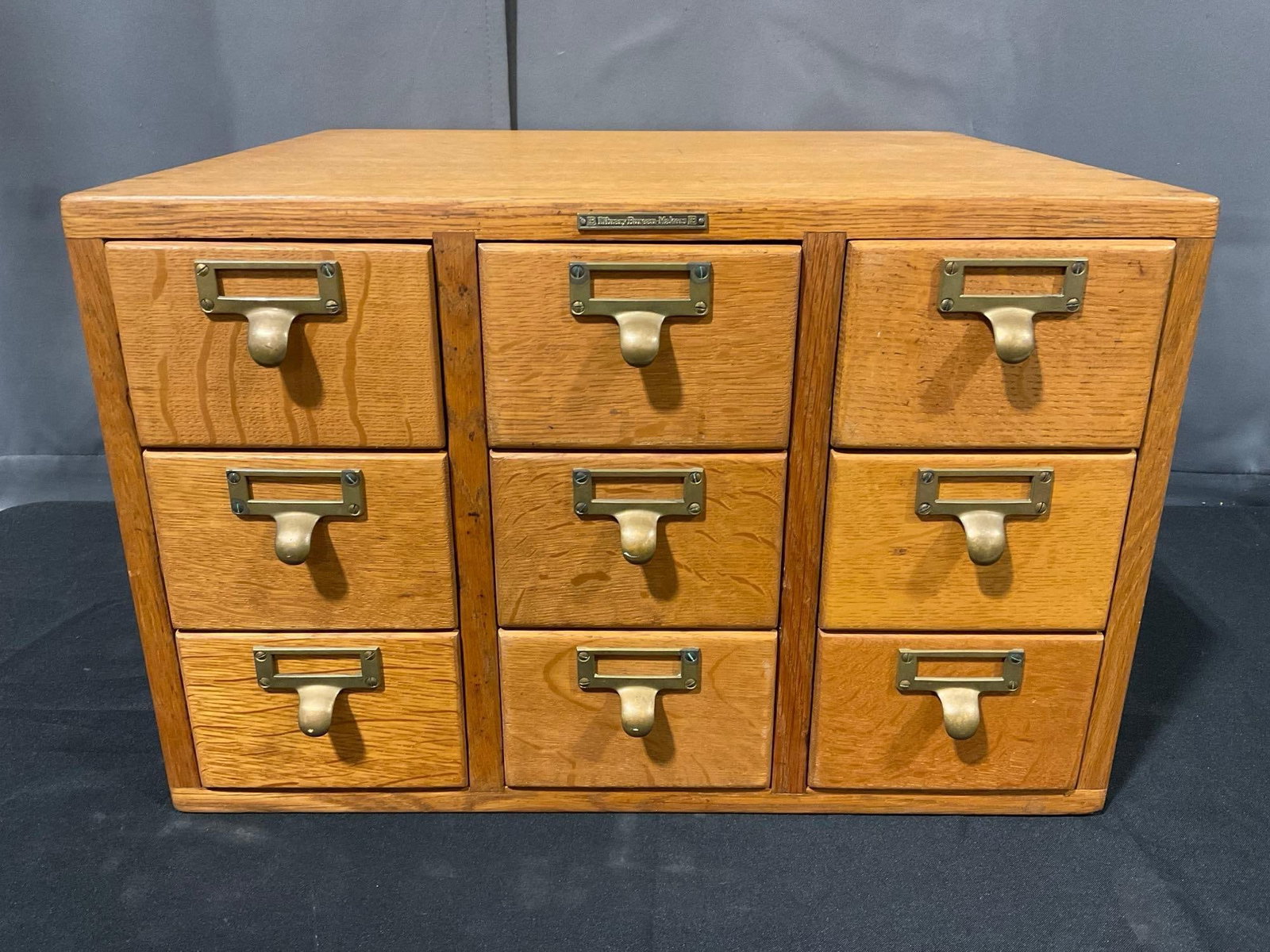 Library Bureau Cabinet of 9 Drawers, Wooden w/ Brass Furniture, 14h x 21w x 19d inches (1 of 8)