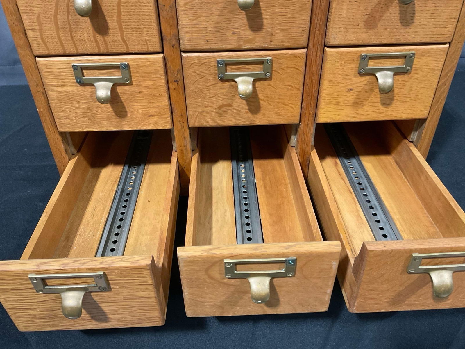 Library Bureau Cabinet of 9 Drawers, Wooden w/ Brass Furniture, 14h x 21w x 19d inches - 2