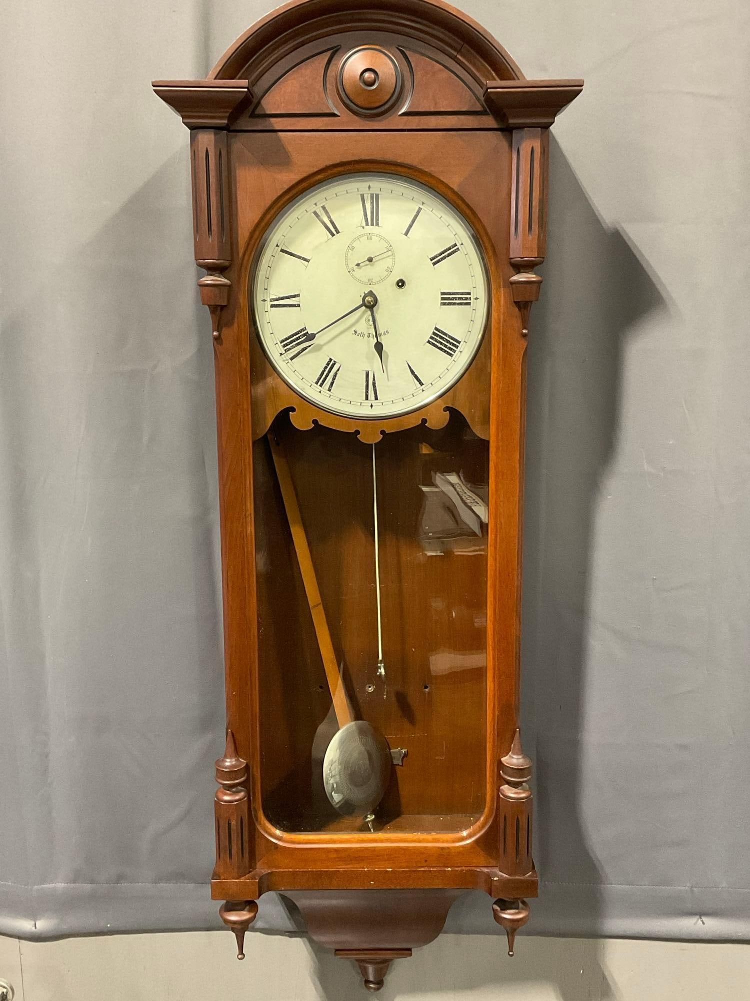 Antique Seth Thomas Wall Clock, Walnut w/ Glass front, Pendulum, 48h x 18w x 8d inches (1 of 7)