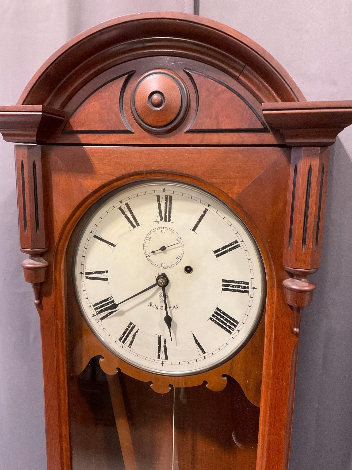 Antique Seth Thomas Wall Clock, Walnut w/ Glass front, Pendulum, 48h x 18w x 8d inches - 2