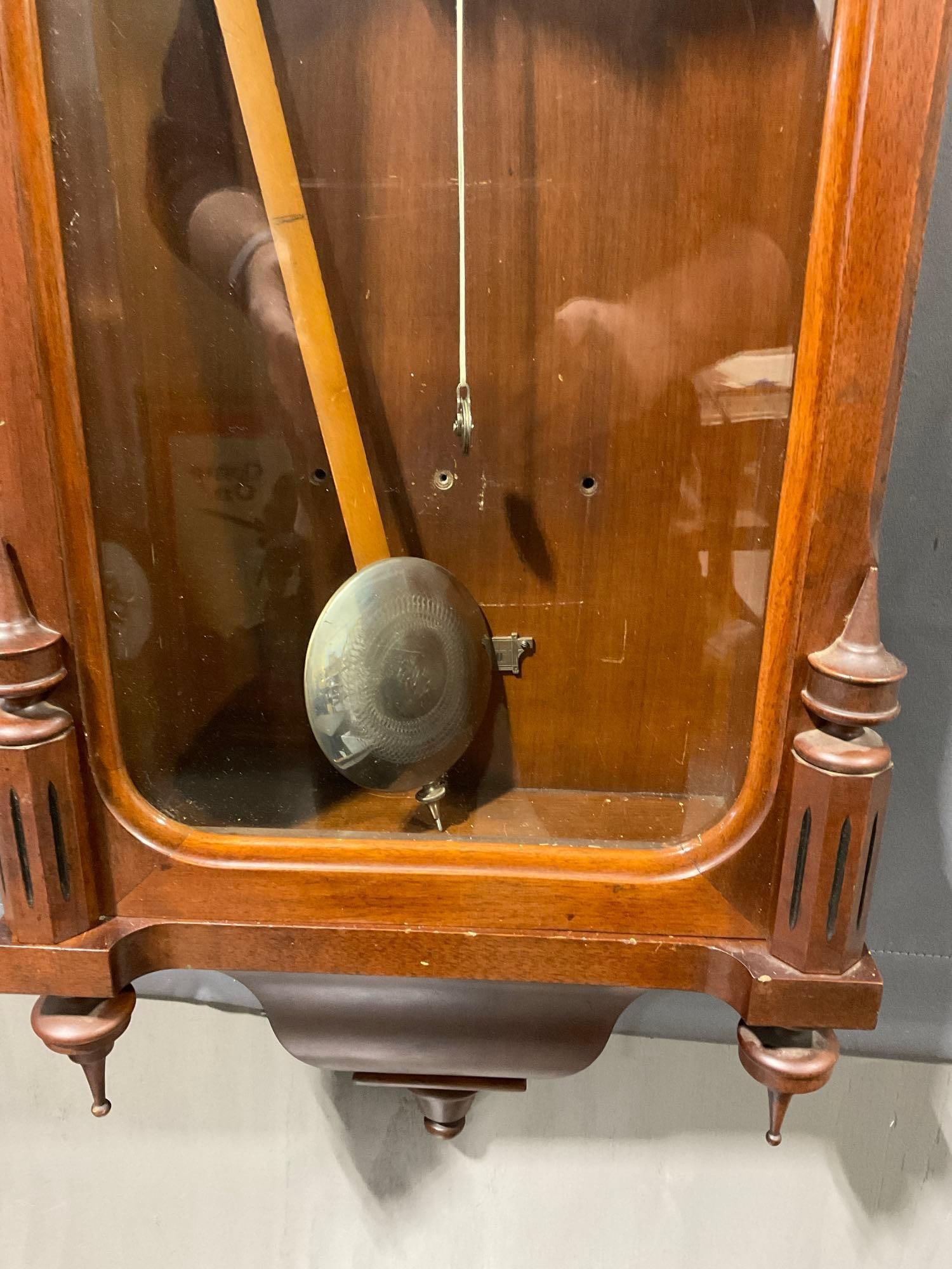 Antique Seth Thomas Wall Clock, Walnut w/ Glass front, Pendulum, 48h x 18w x 8d inches - 3