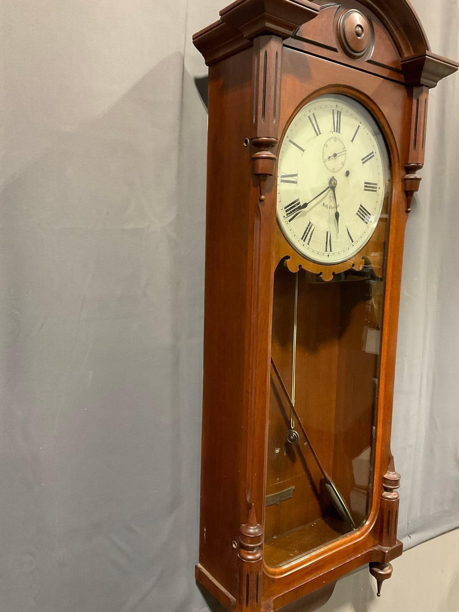 Antique Seth Thomas Wall Clock, Walnut w/ Glass front, Pendulum, 48h x 18w x 8d inches - 6