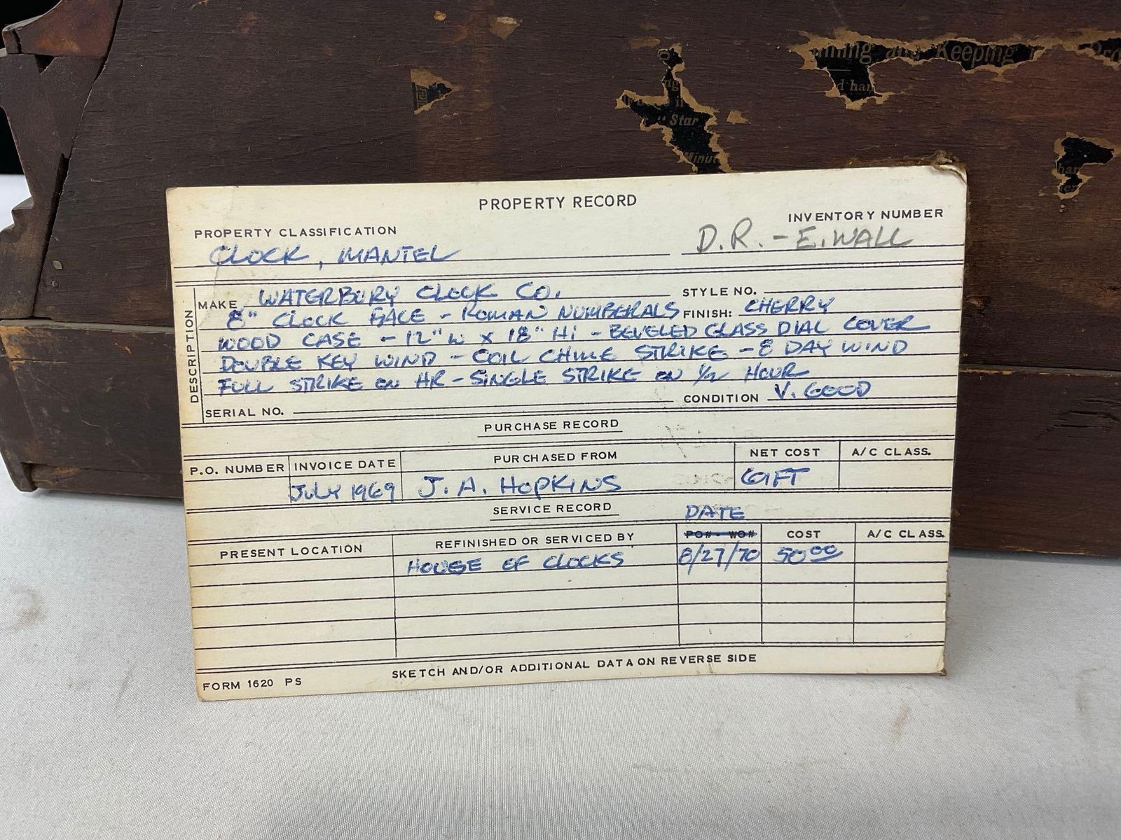 Vintage Waterbury Mantel 8 Day Time Strike Clock, White Enamel Face, Cherry Wood, 20h x 15w x 7d in - 11