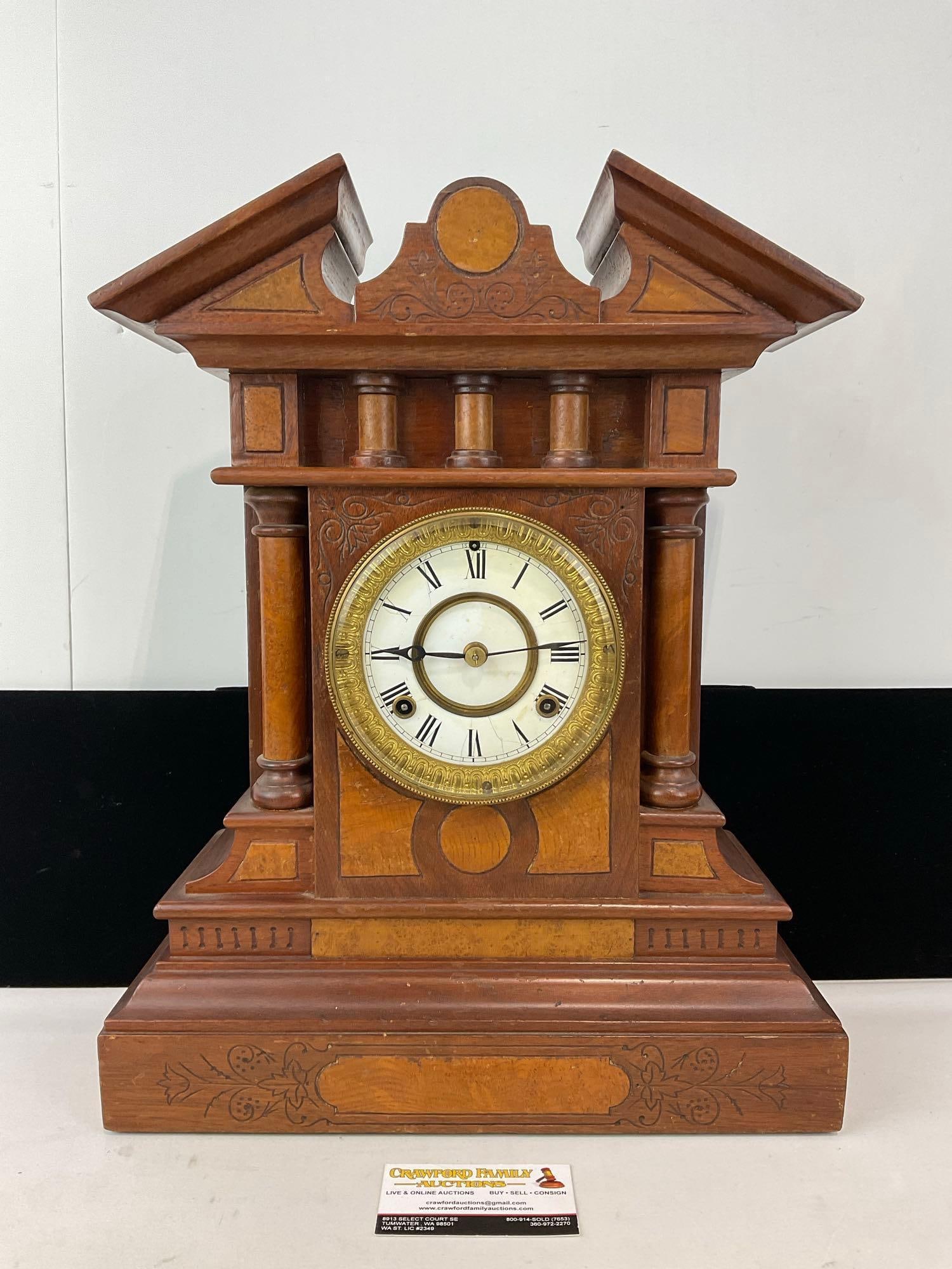 Vintage Waterbury Mantel 8 Day Time Strike Clock, White Enamel Face, Cherry Wood, 20h x 15w x 7d in (1 of 12)