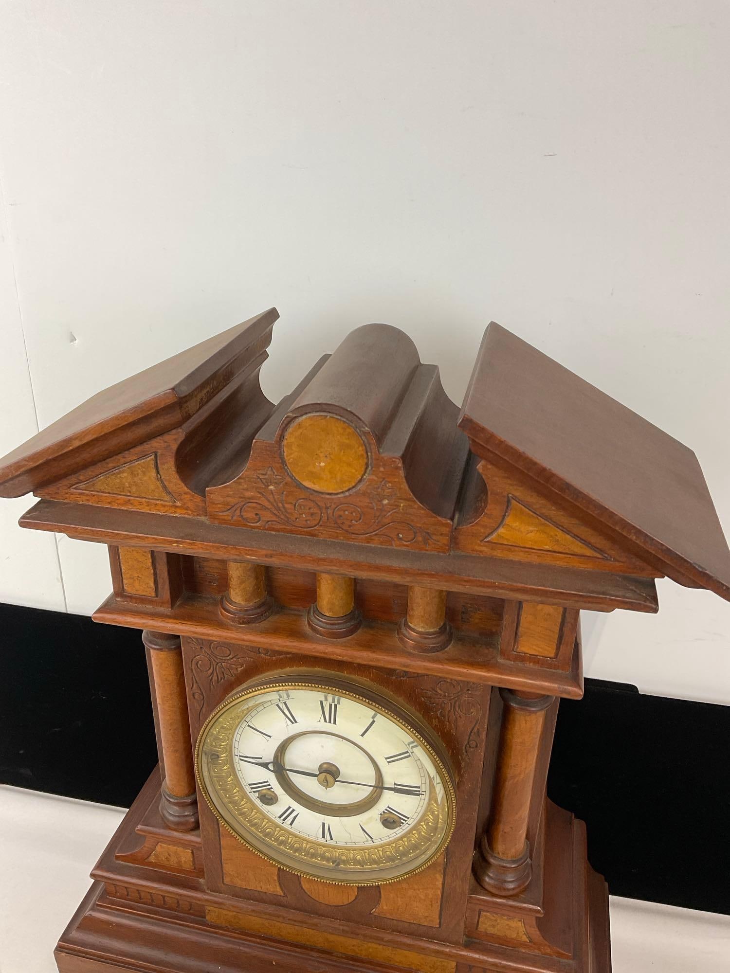 Vintage Waterbury Mantel 8 Day Time Strike Clock, White Enamel Face, Cherry Wood, 20h x 15w x 7d in - 2