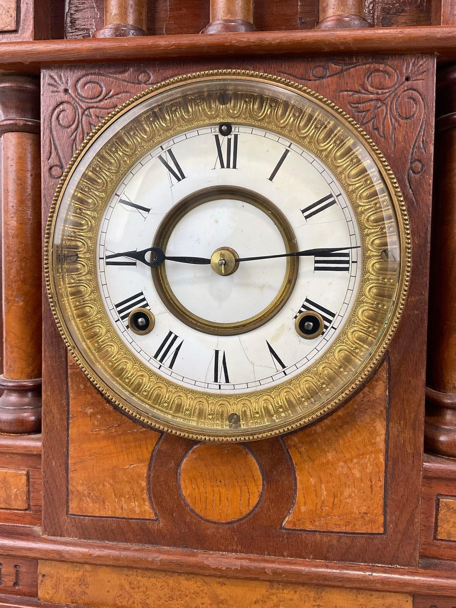 Vintage Waterbury Mantel 8 Day Time Strike Clock, White Enamel Face, Cherry Wood, 20h x 15w x 7d in - 3