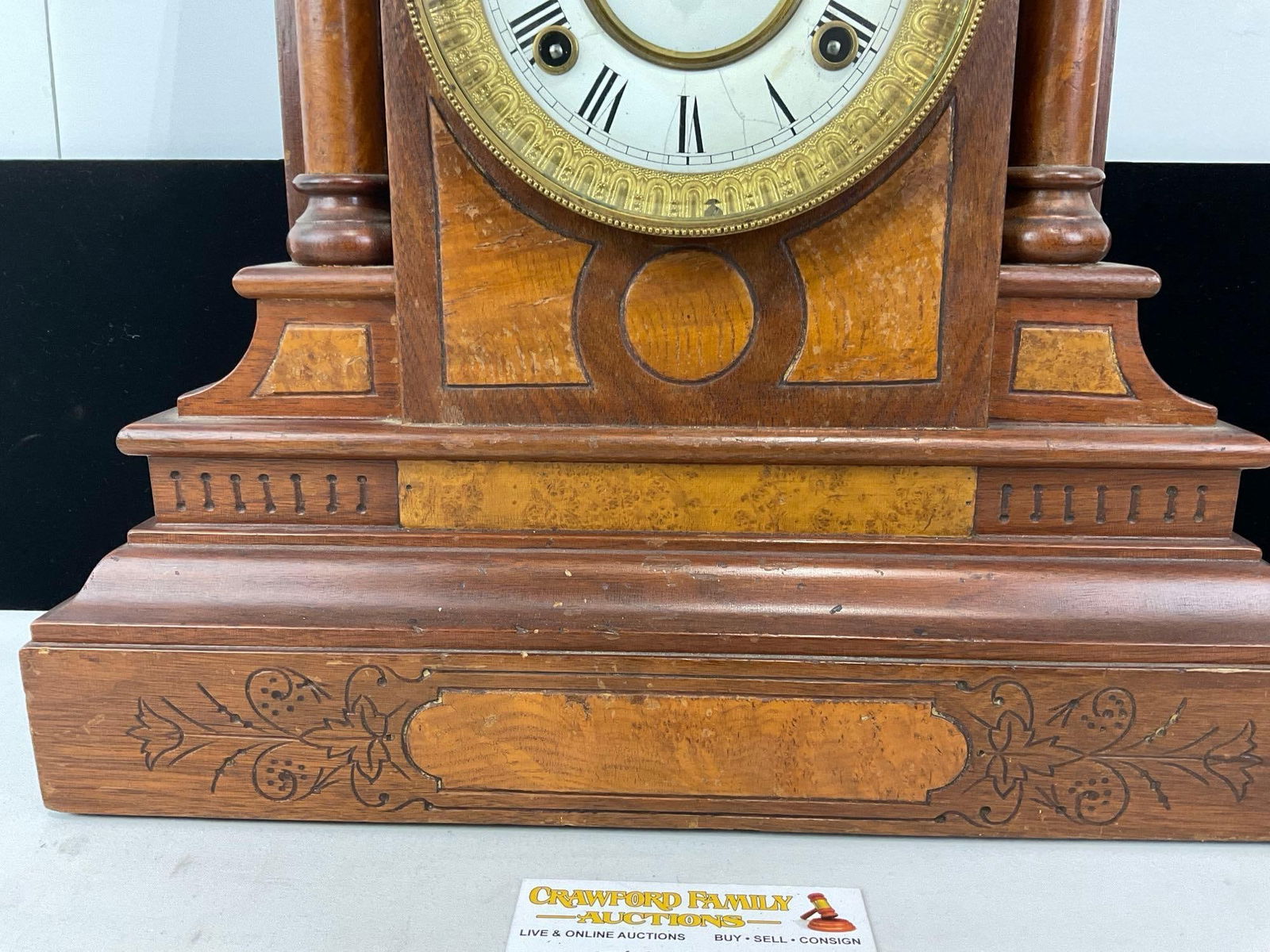 Vintage Waterbury Mantel 8 Day Time Strike Clock, White Enamel Face, Cherry Wood, 20h x 15w x 7d in - 4