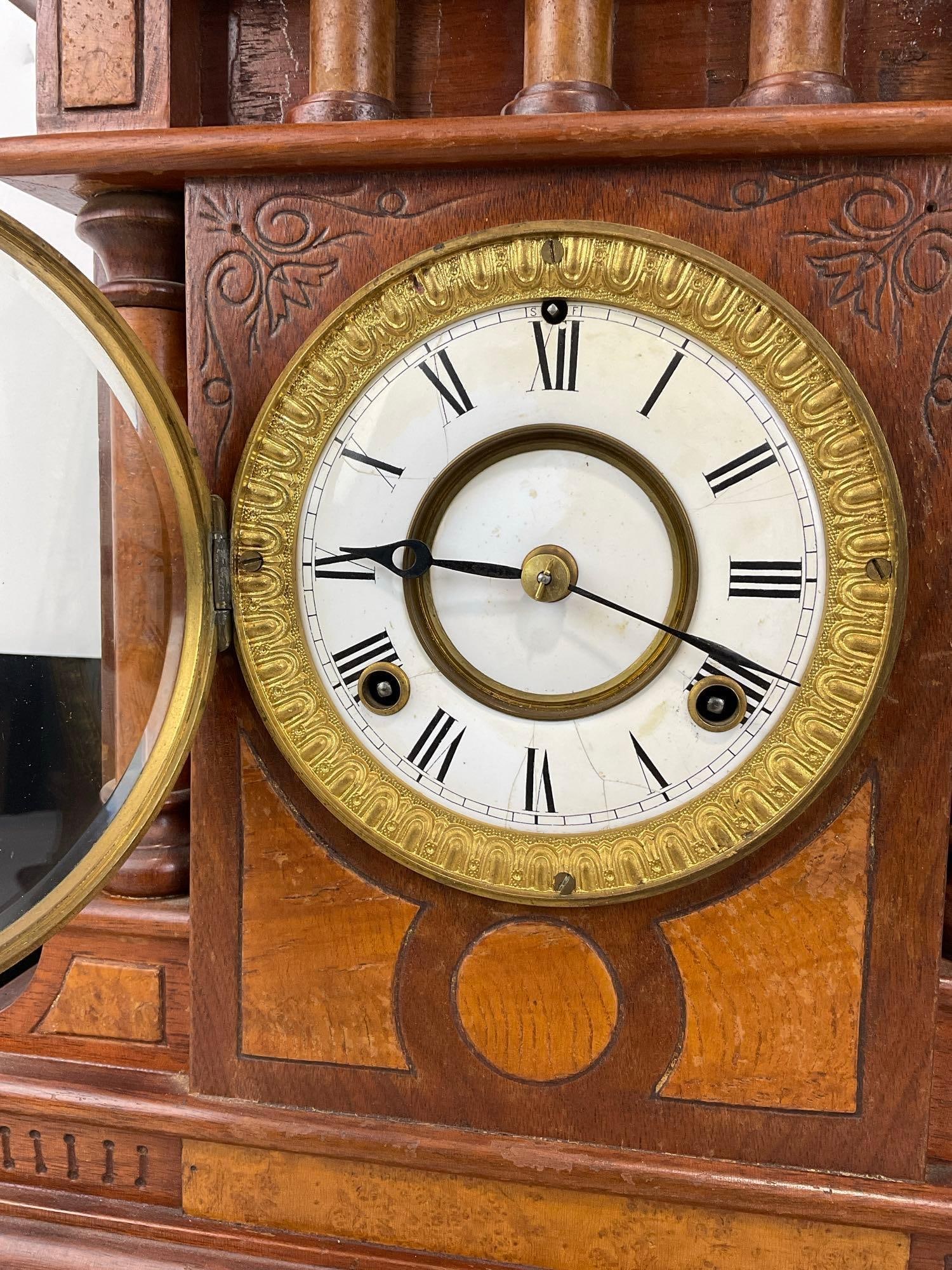 Vintage Waterbury Mantel 8 Day Time Strike Clock, White Enamel Face, Cherry Wood, 20h x 15w x 7d in - 6