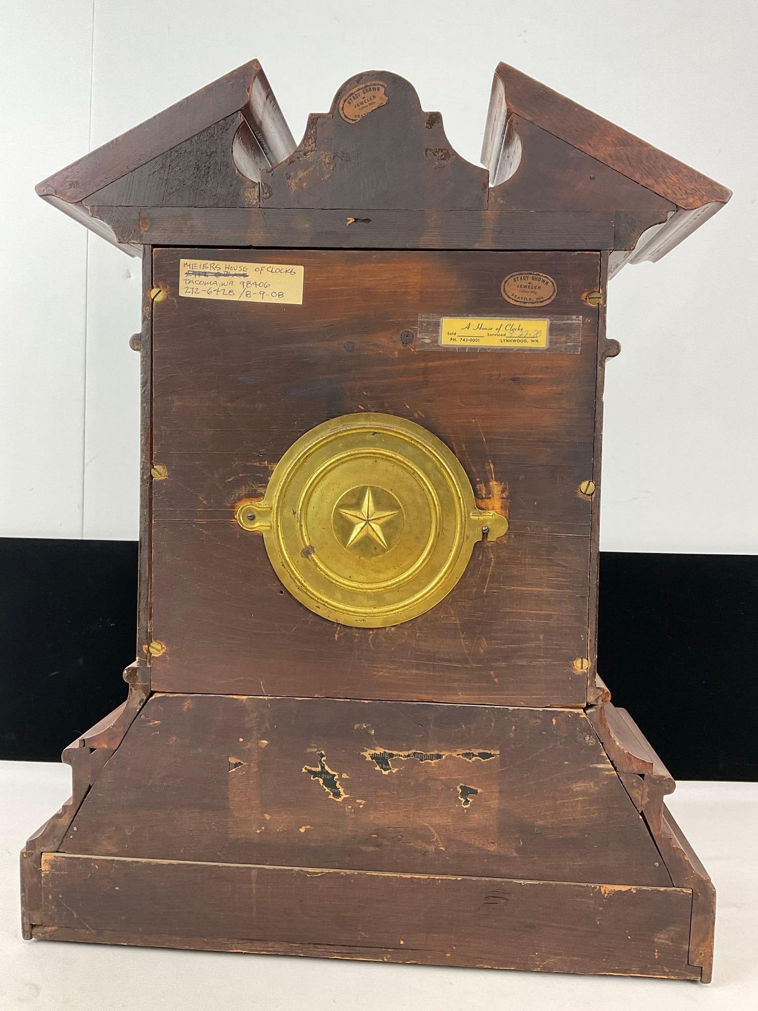 Vintage Waterbury Mantel 8 Day Time Strike Clock, White Enamel Face, Cherry Wood, 20h x 15w x 7d in - 7