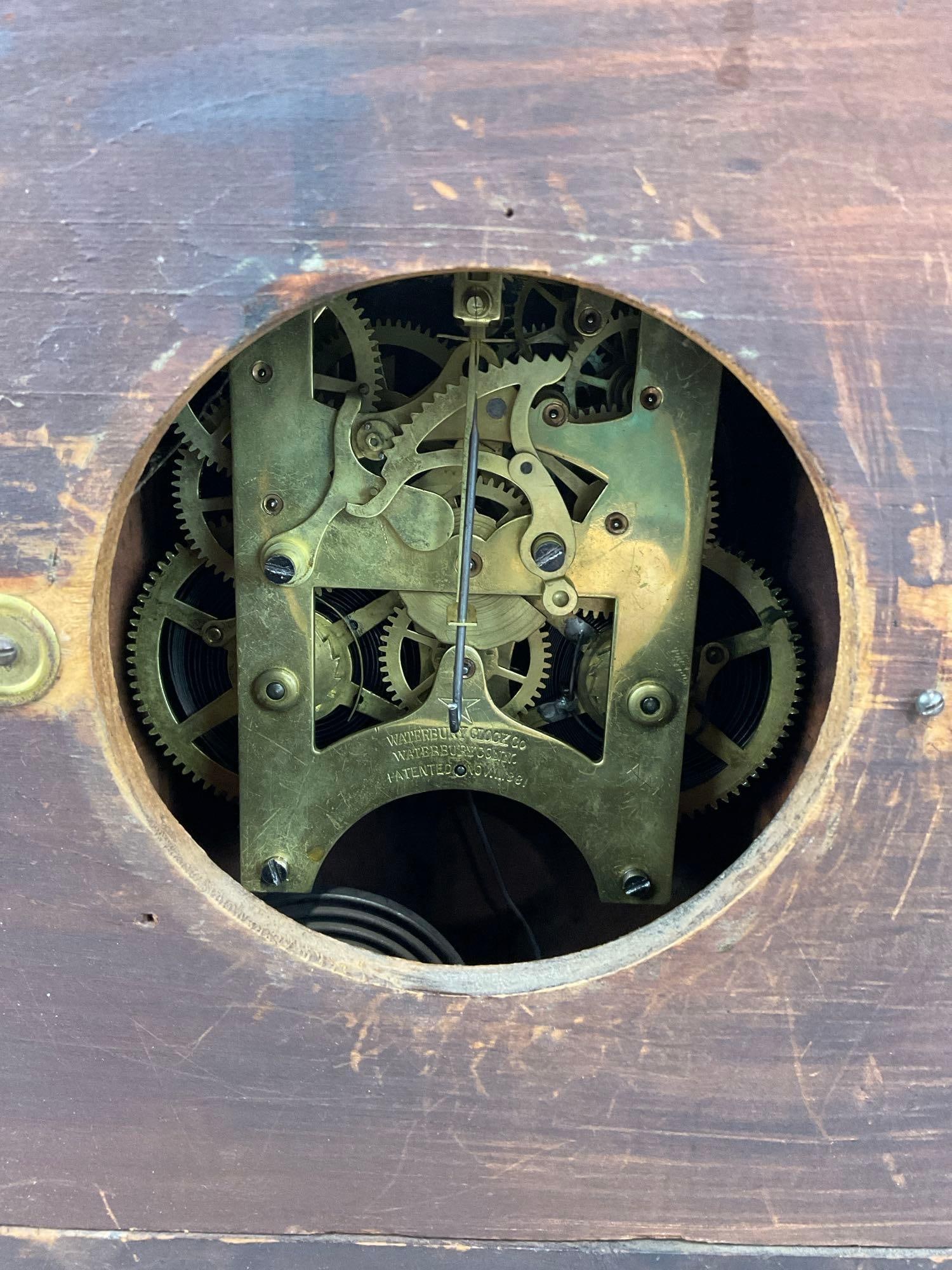 Vintage Waterbury Mantel 8 Day Time Strike Clock, White Enamel Face, Cherry Wood, 20h x 15w x 7d in - 8