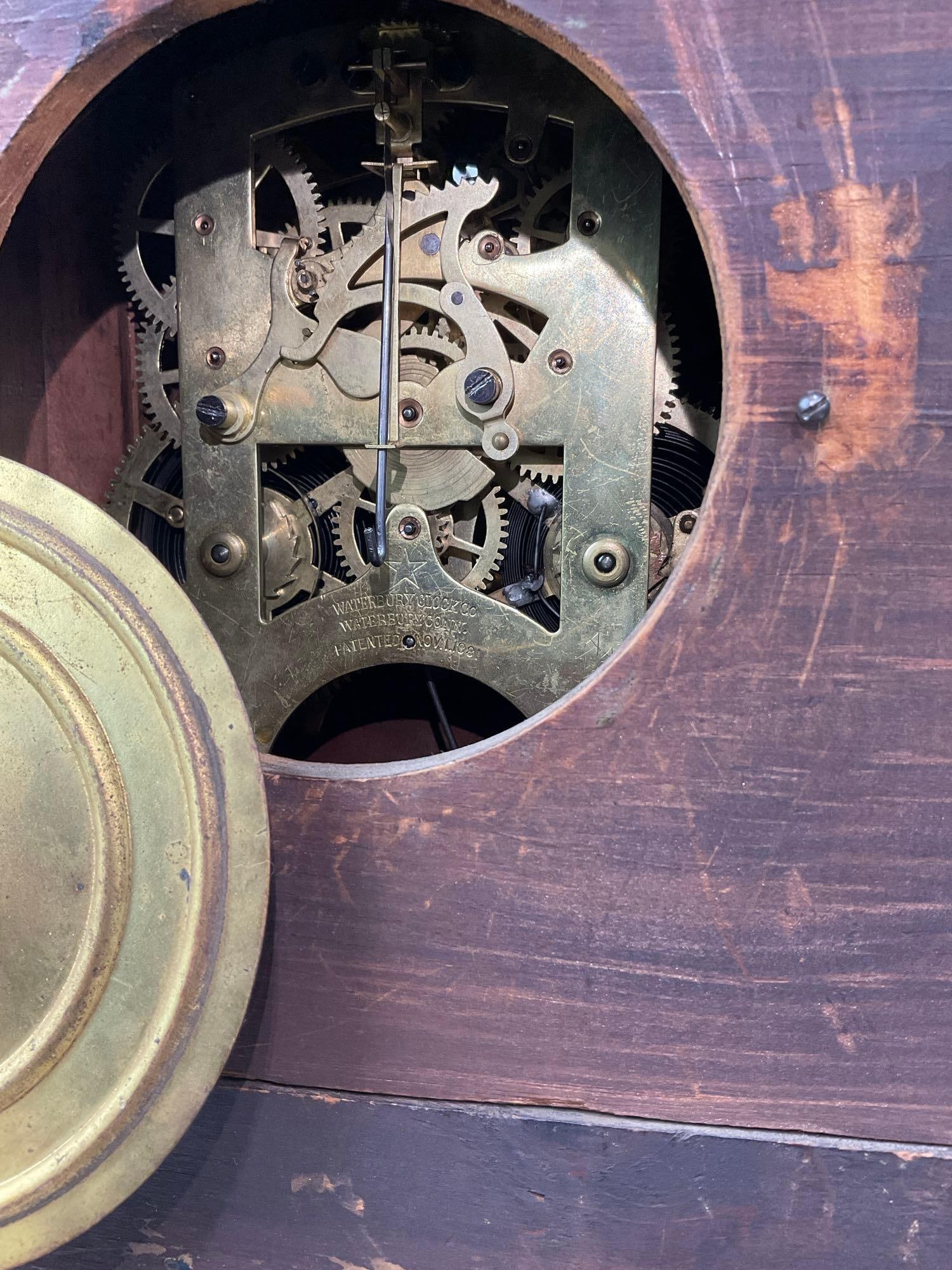 Vintage Waterbury Mantel 8 Day Time Strike Clock, White Enamel Face, Cherry Wood, 20h x 15w x 7d in - 9