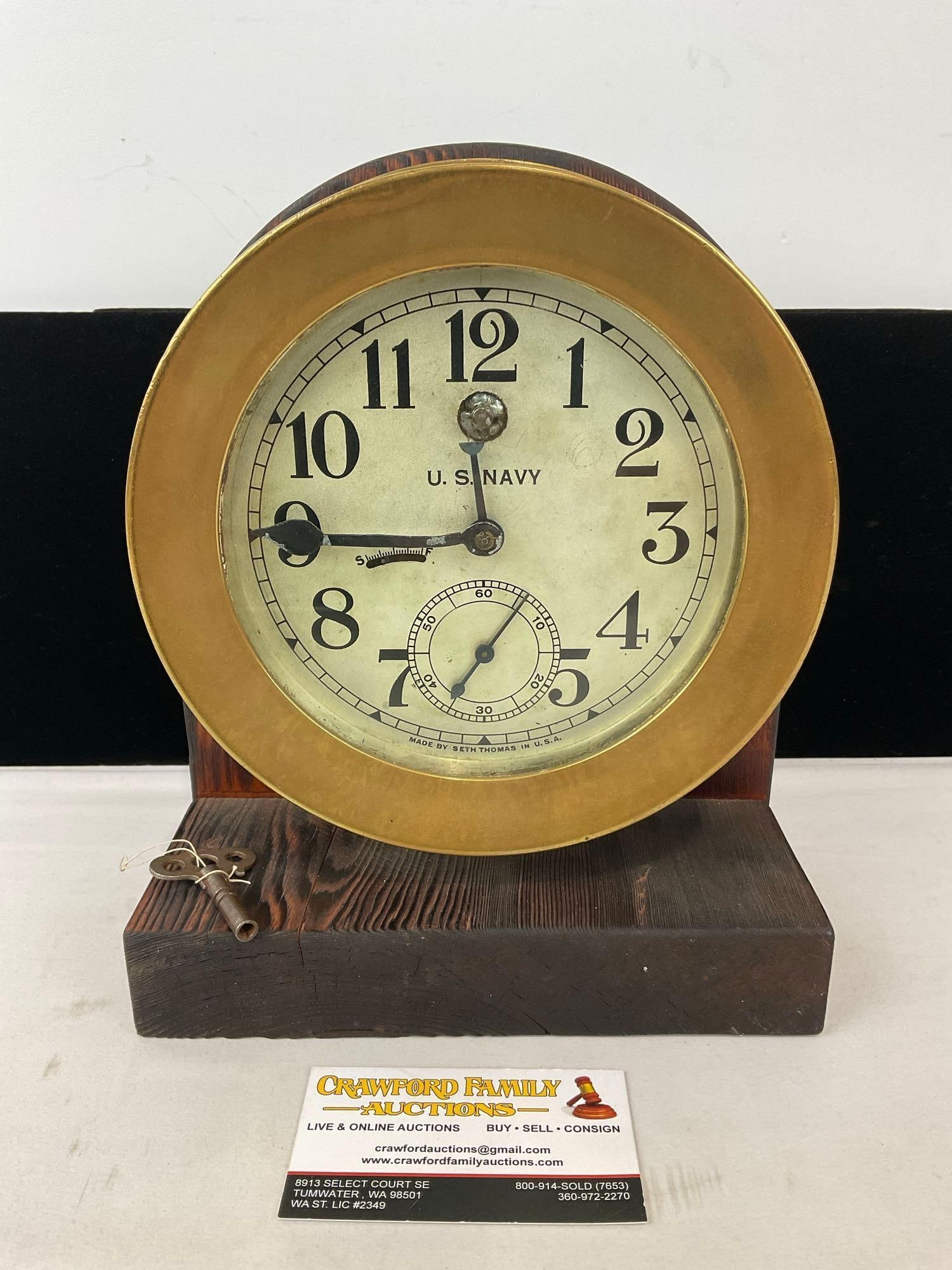 Antique Seth Thomas U.S. Navy Brass Ships Clock on Wooden Stand, 11h x 9w x 7d inches (1 of 5)