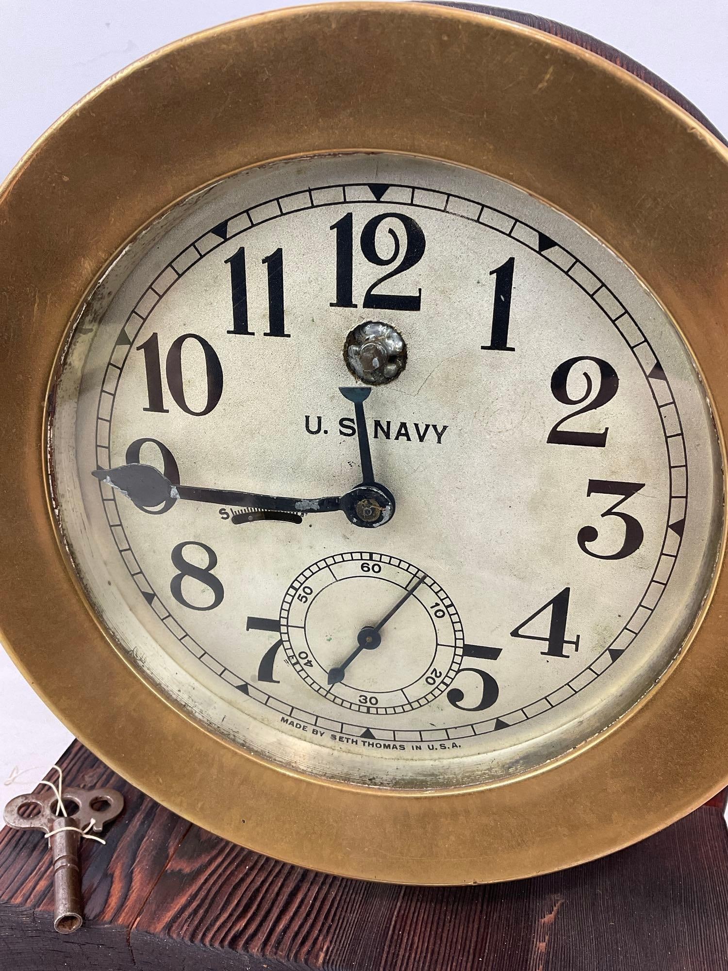 Antique Seth Thomas U.S. Navy Brass Ships Clock on Wooden Stand, 11h x 9w x 7d inches - 2