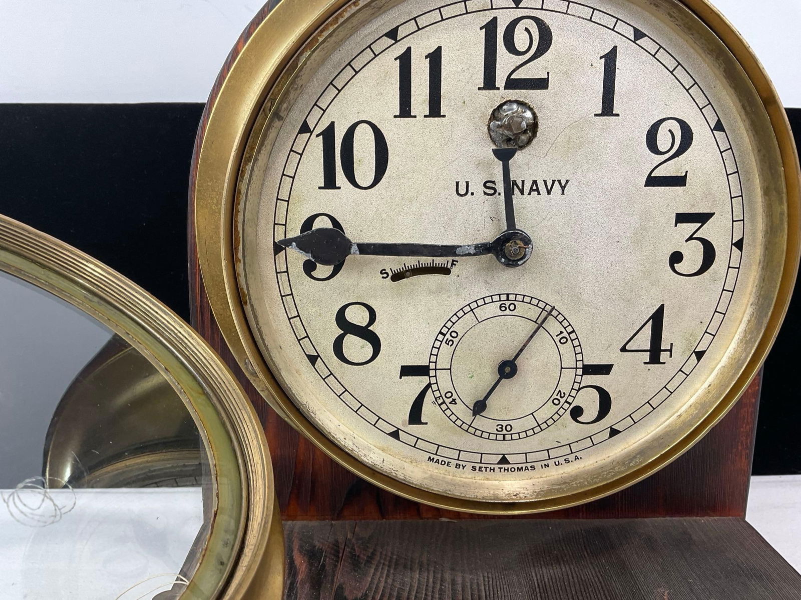 Antique Seth Thomas U.S. Navy Brass Ships Clock on Wooden Stand, 11h x 9w x 7d inches - 3