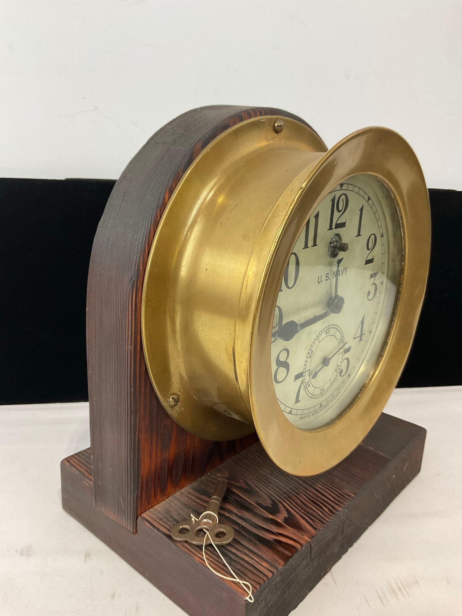 Antique Seth Thomas U.S. Navy Brass Ships Clock on Wooden Stand, 11h x 9w x 7d inches - 4