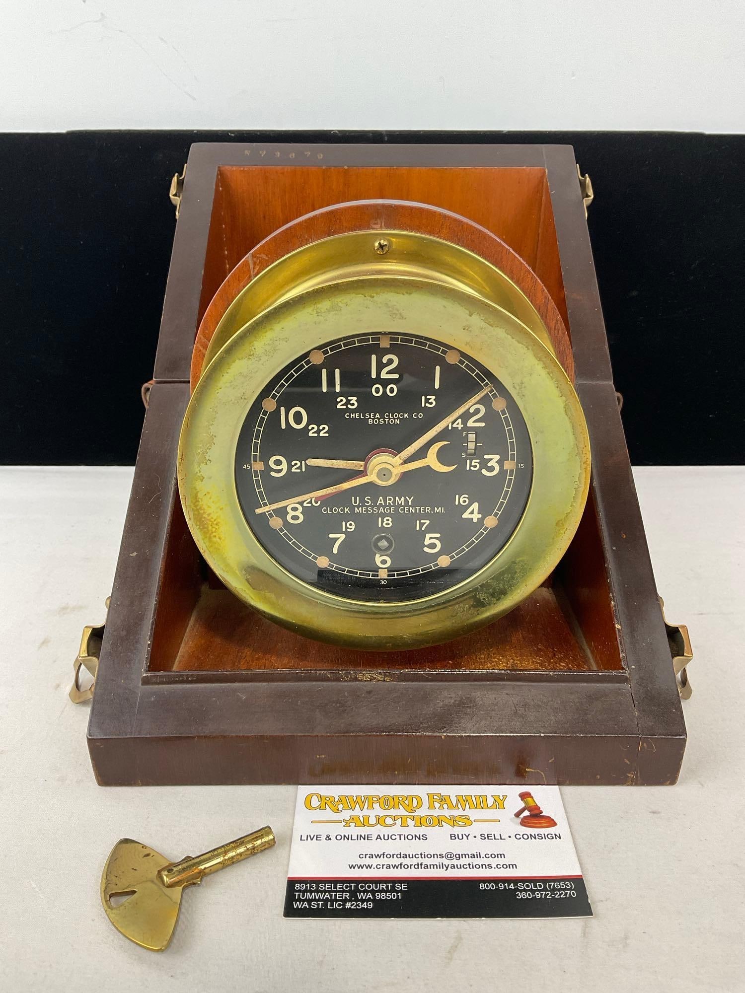 Chelsea Clock Co. US Army Clock Message Center Mark 1 Deck Clock in Original Wood Carrying Case (1 of 10)