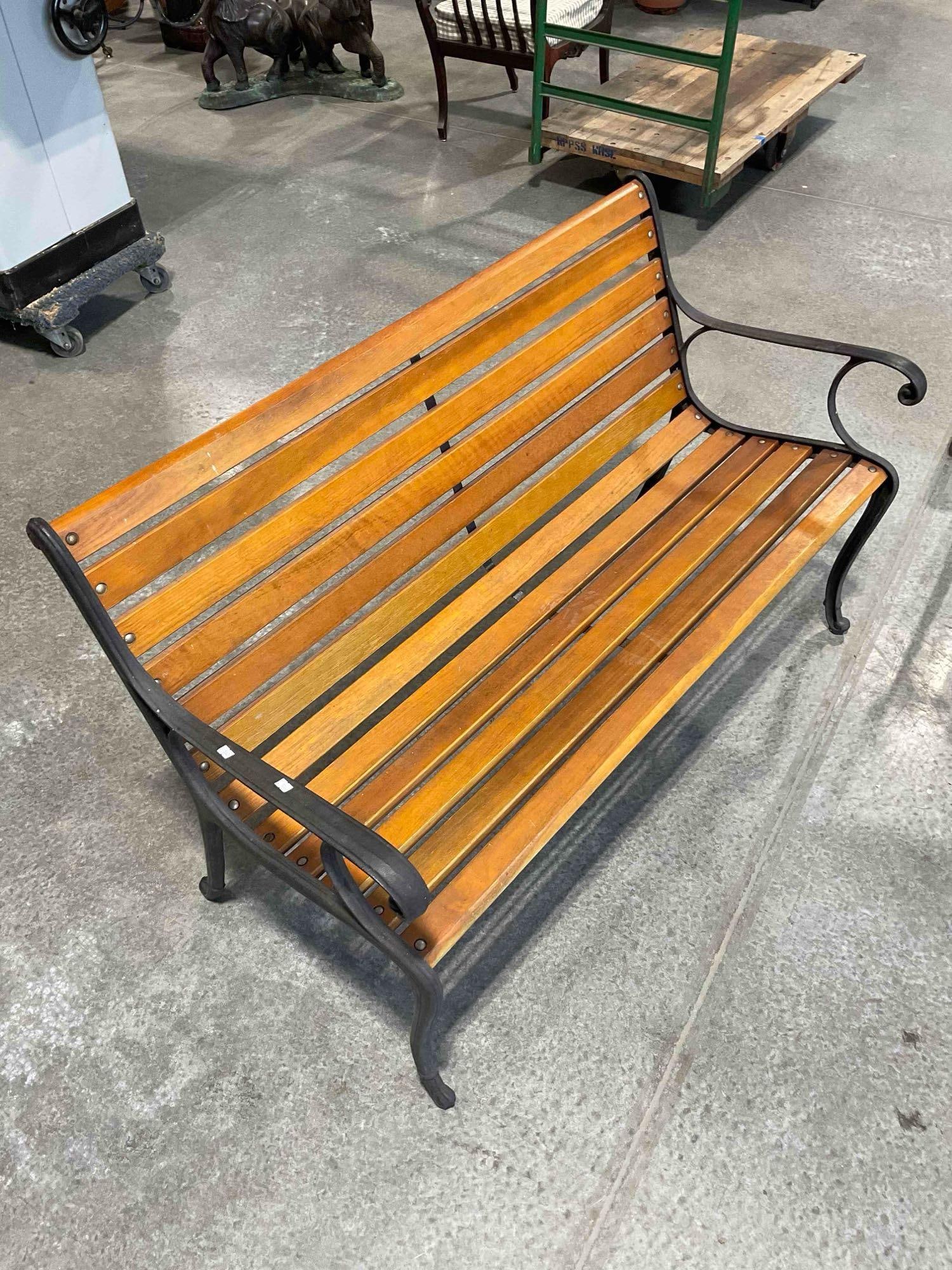 Cast Iron and Wood Slat Outdoor Bench Sturdy Construction No Rot Good Condition - 2