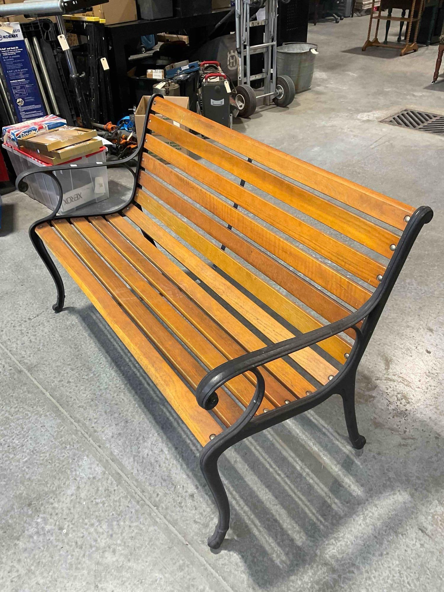 Cast Iron and Wood Slat Outdoor Bench Sturdy Construction No Rot Good Condition - 3