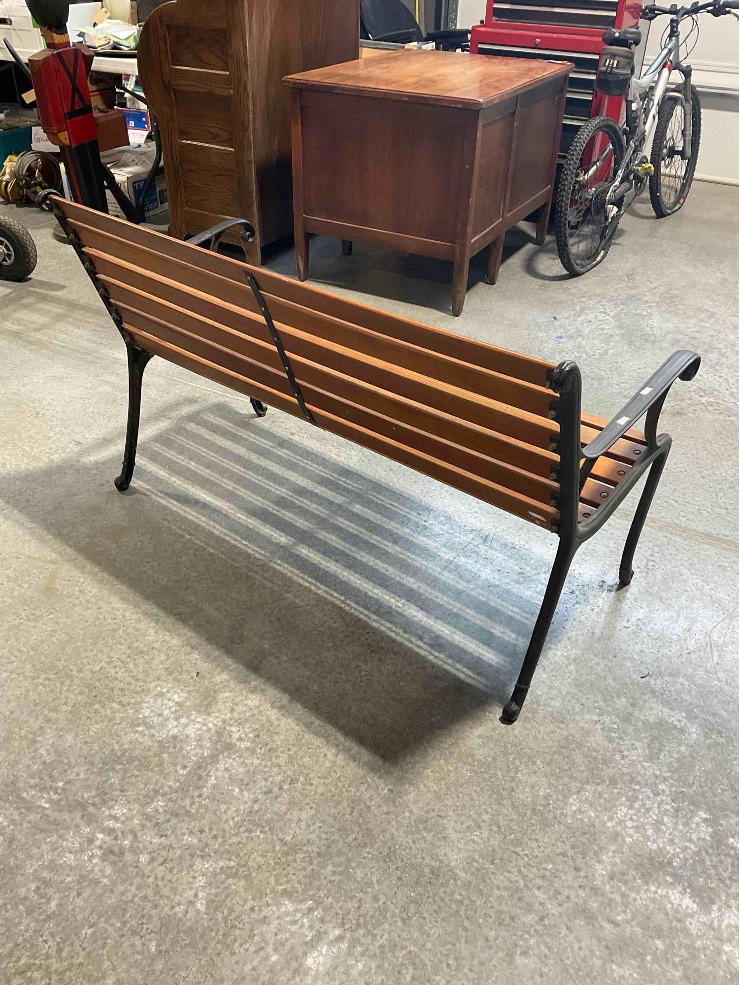 Cast Iron and Wood Slat Outdoor Bench Sturdy Construction No Rot Good Condition - 4