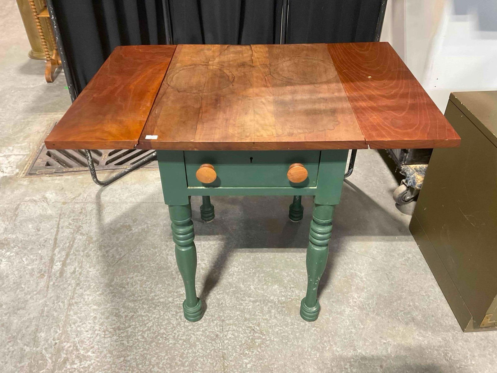 Vintage Drop Leaf Side Table w/ Mahogany Top & Painted Green Base. Good Condition. See pics. (1 of 7)