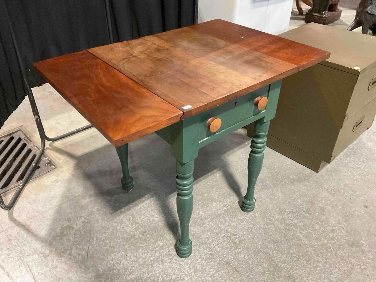 Vintage Drop Leaf Side Table w/ Mahogany Top & Painted Green Base. Good Condition. See pics. - 2