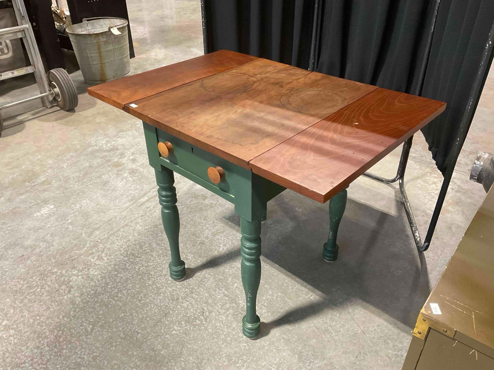 Vintage Drop Leaf Side Table w/ Mahogany Top & Painted Green Base. Good Condition. See pics. - 3