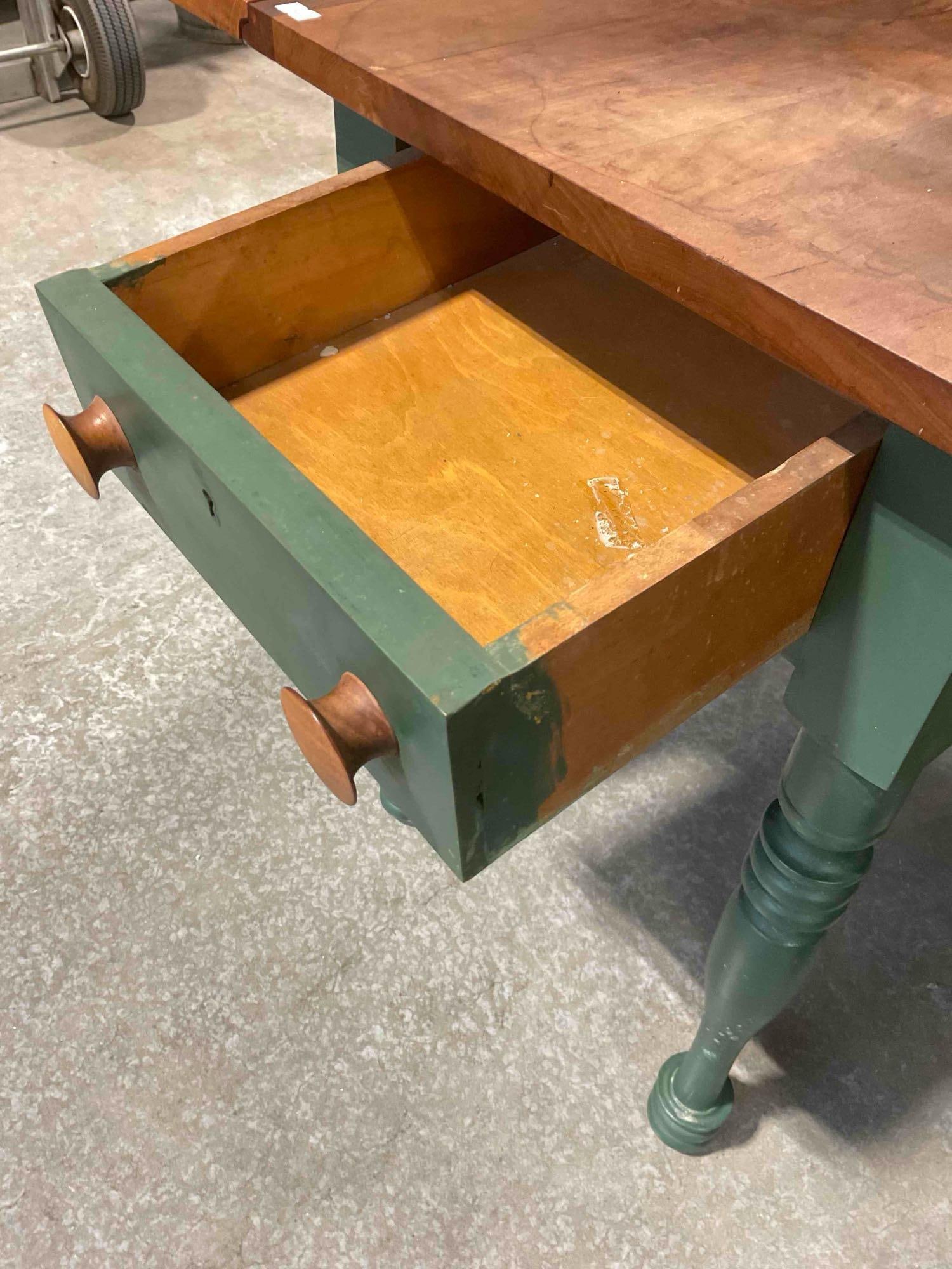 Vintage Drop Leaf Side Table w/ Mahogany Top & Painted Green Base. Good Condition. See pics. - 4