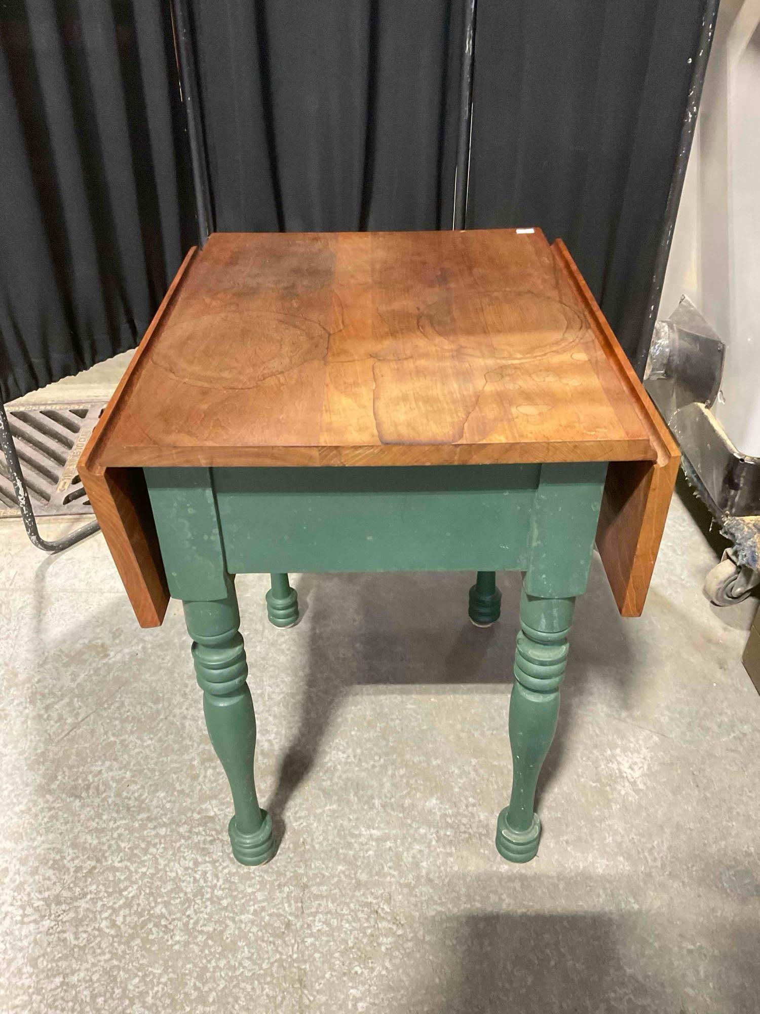 Vintage Drop Leaf Side Table w/ Mahogany Top & Painted Green Base. Good Condition. See pics. - 6