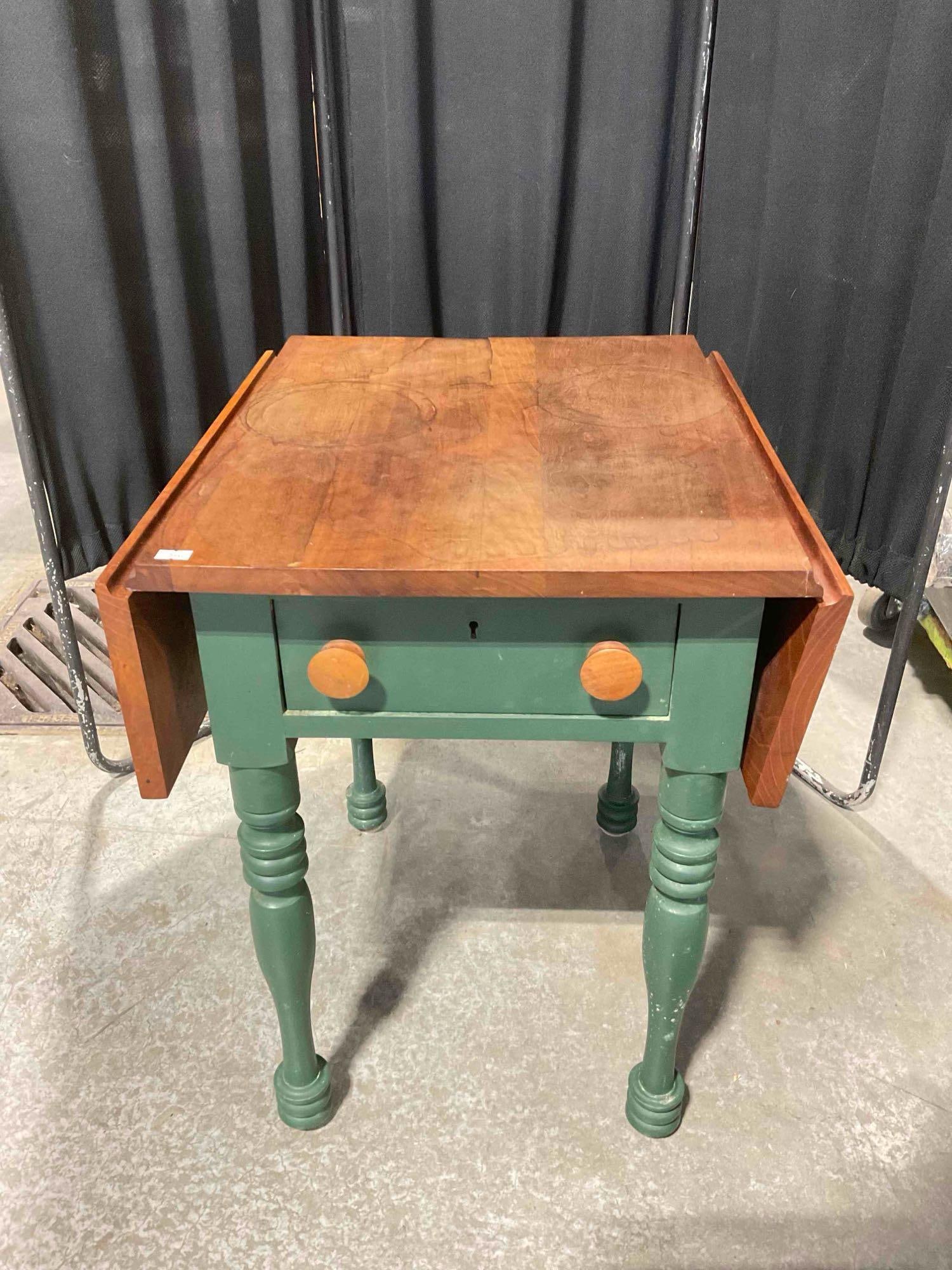 Vintage Drop Leaf Side Table w/ Mahogany Top & Painted Green Base. Good Condition. See pics. - 7